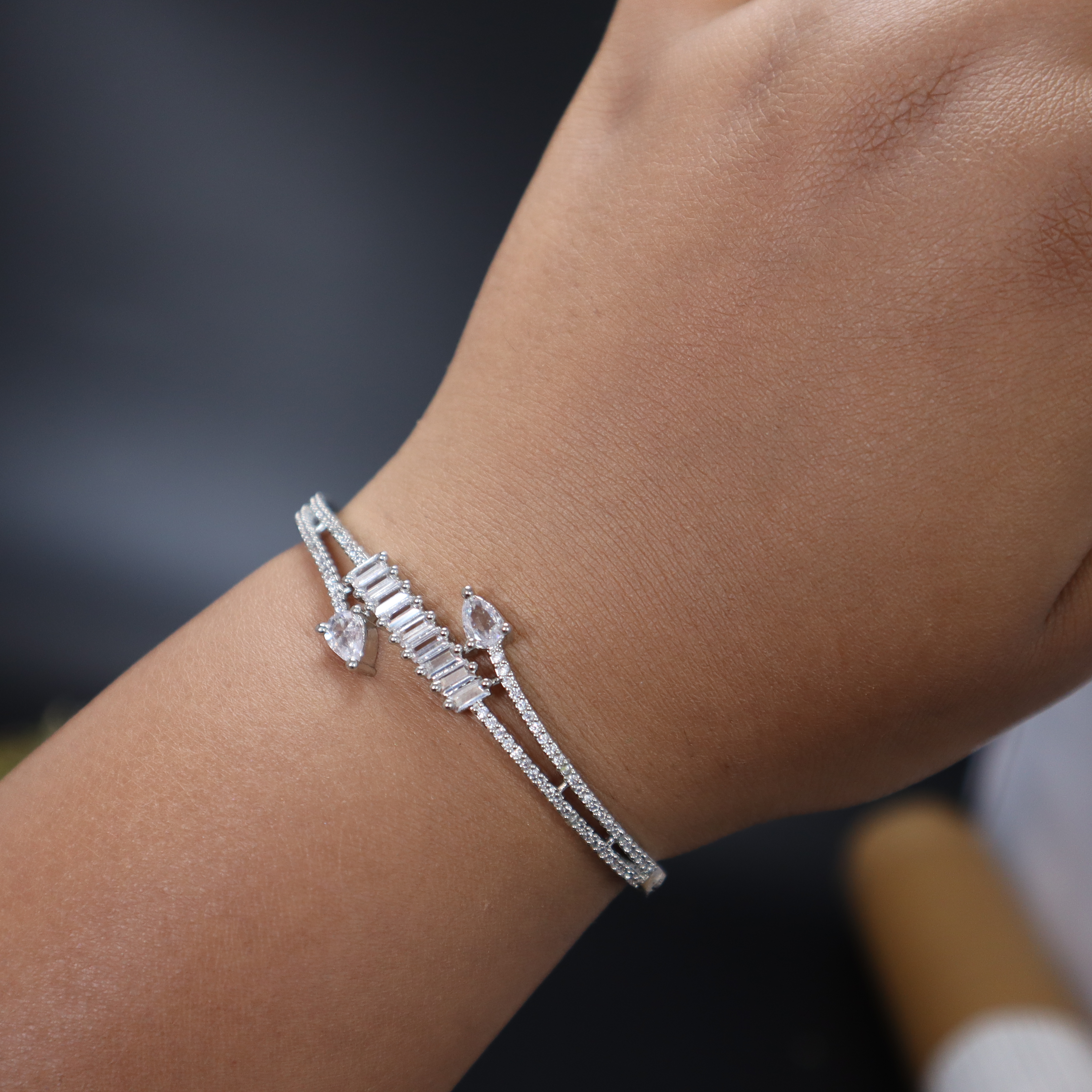 Keerthii Kalaa Baguette & Pear AD Stone Bracelet for Women & Girls - Sparkling Silver Bangle, Side Open, Free Size