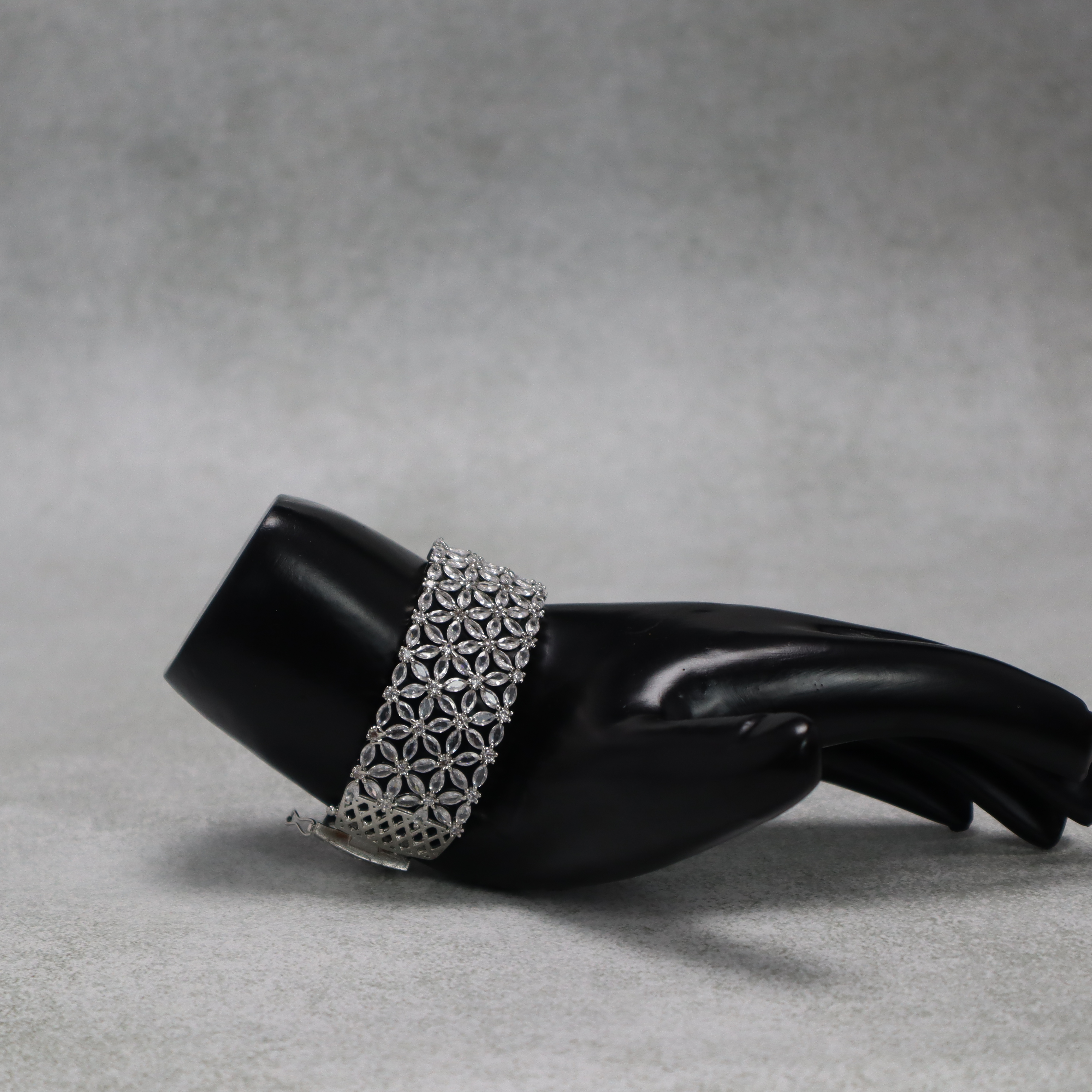 Wide Floral AD Stone Bracelet for Women & Girls - Sparkling Silver Cuff Bangle, Side Open, Free Size