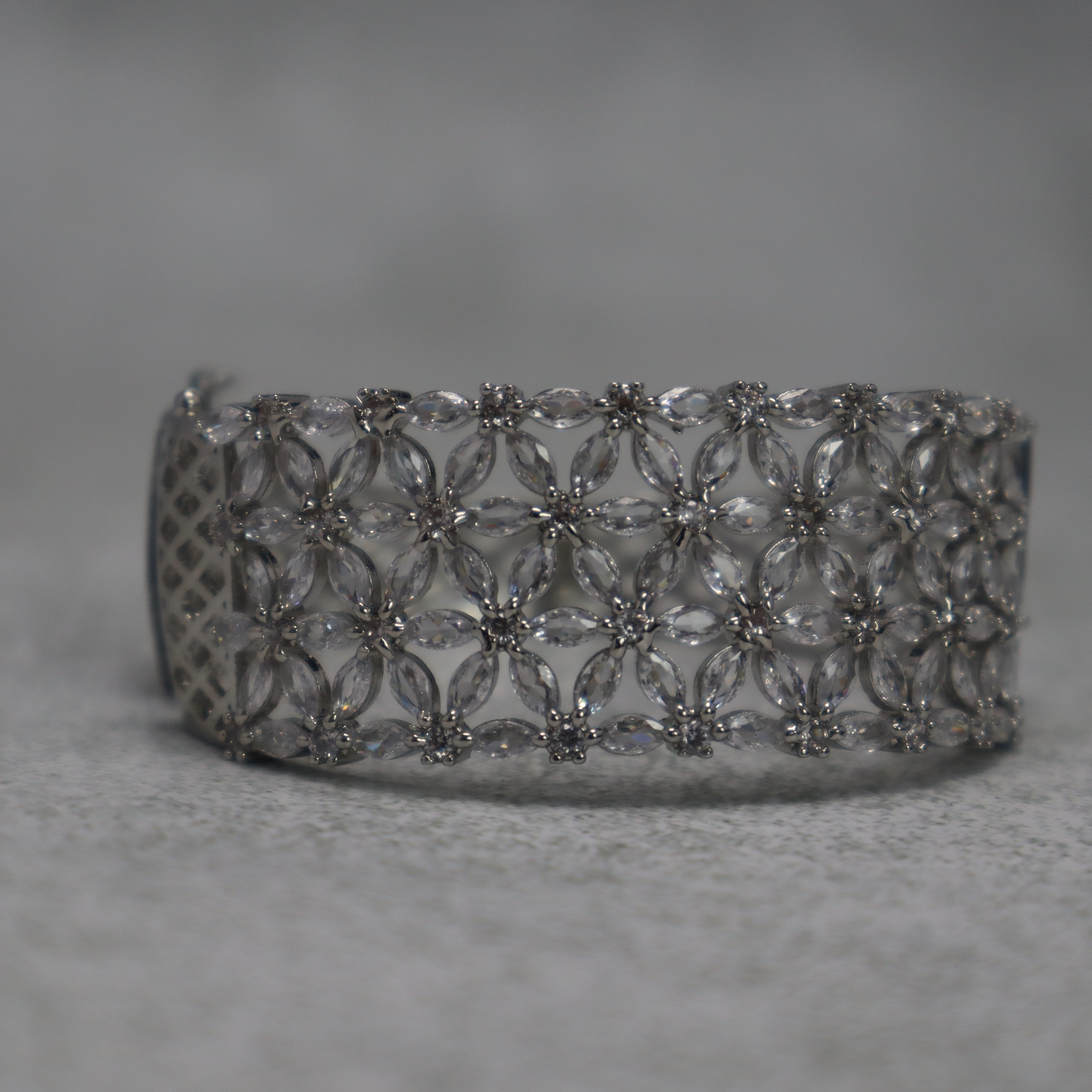 Wide Floral AD Stone Bracelet for Women & Girls - Sparkling Silver Cuff Bangle, Side Open, Free Size