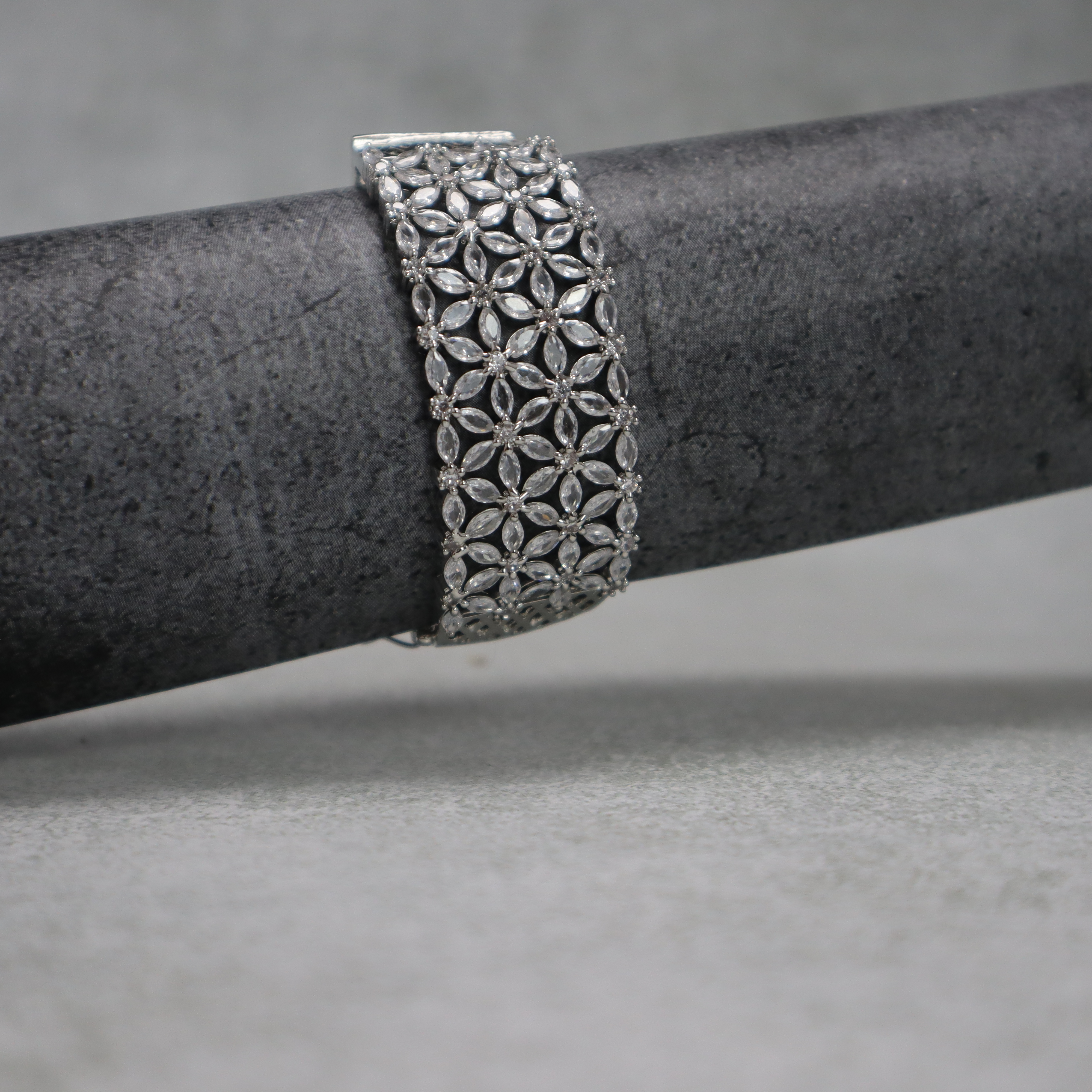 Wide Floral AD Stone Bracelet for Women & Girls - Sparkling Silver Cuff Bangle, Side Open, Free Size