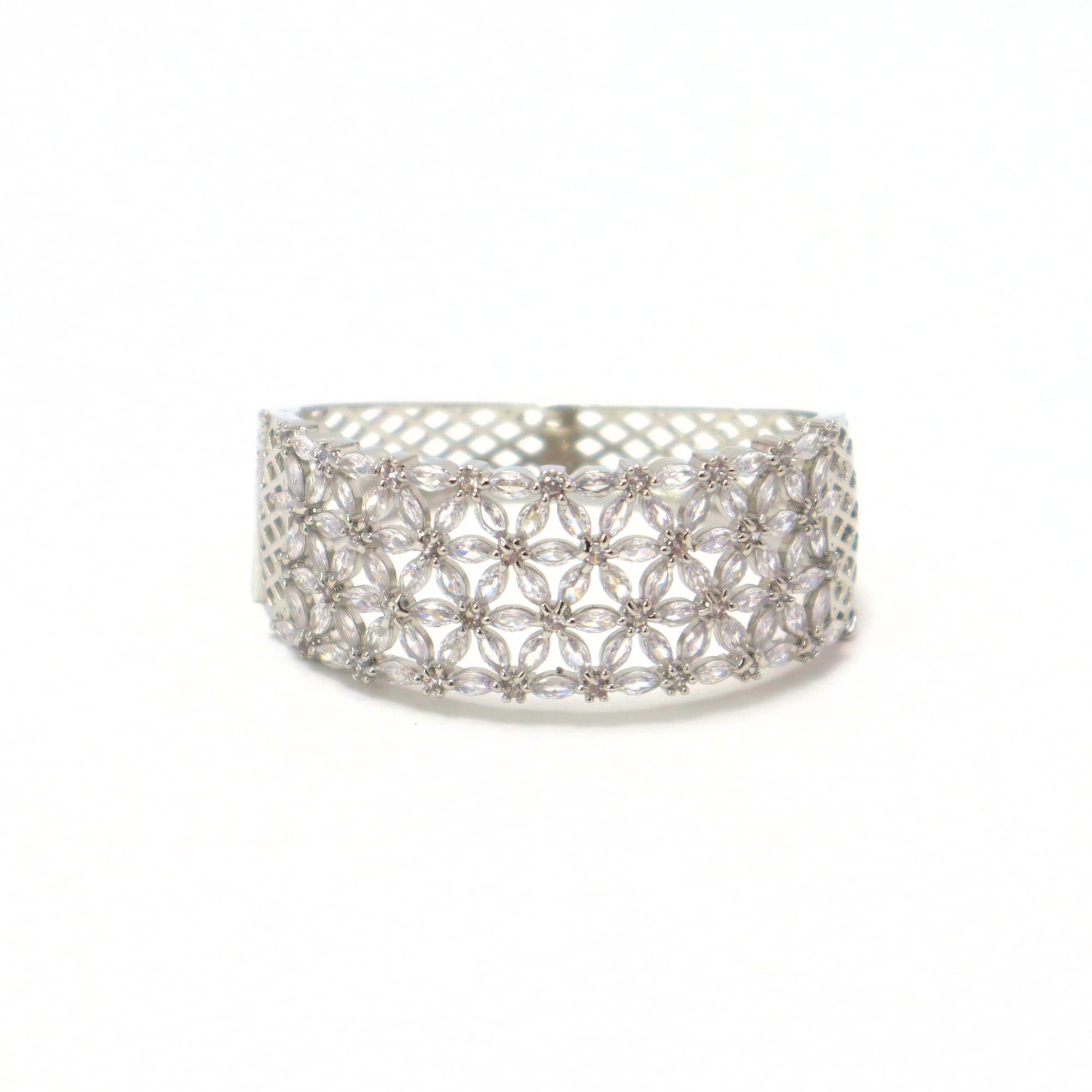 Wide Floral AD Stone Bracelet for Women & Girls - Sparkling Silver Cuff Bangle, Side Open, Free Size