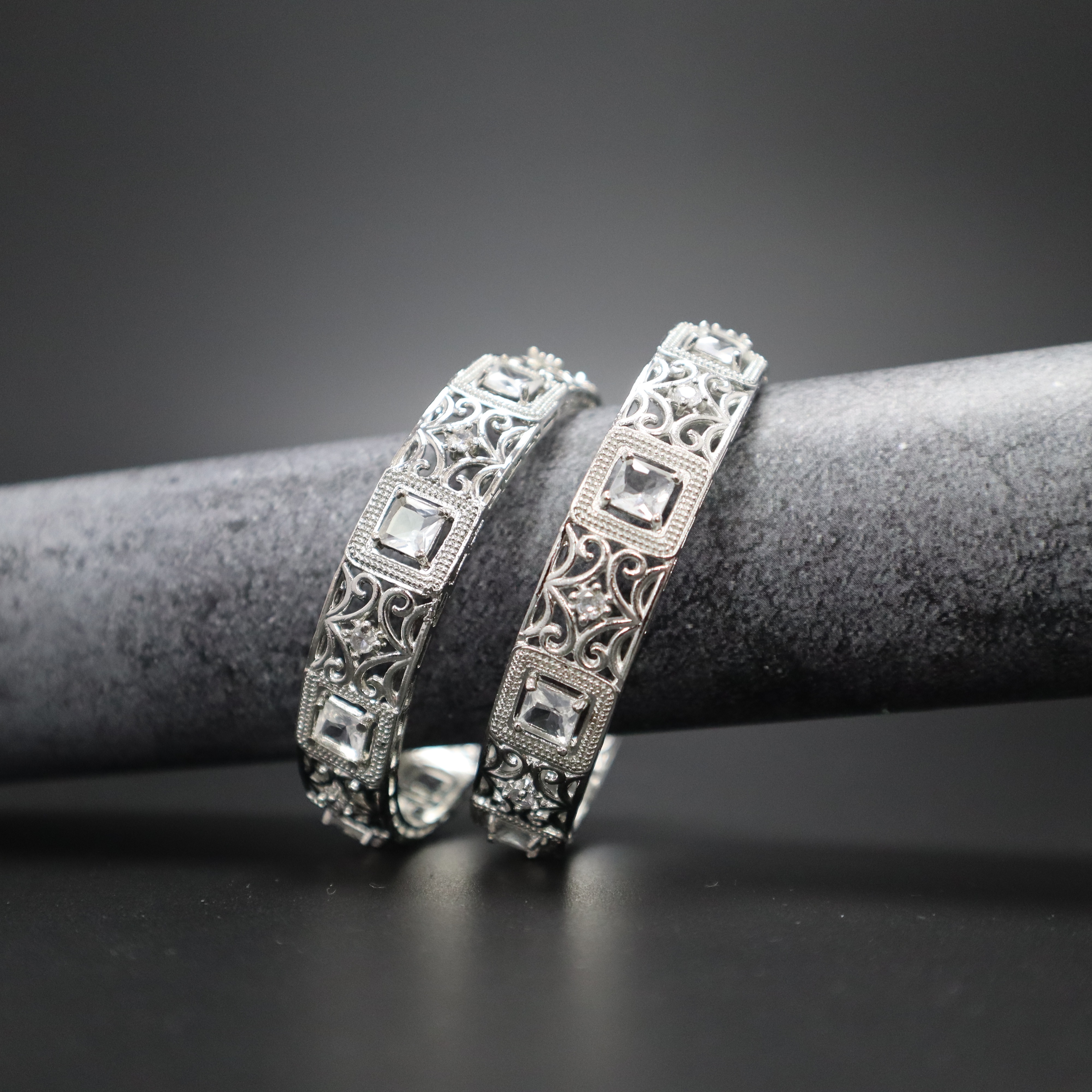 Keerthii Kalaa Square AD Stone Bangle Set for Women - Premium Silver Bangles for Party & Special Occasion