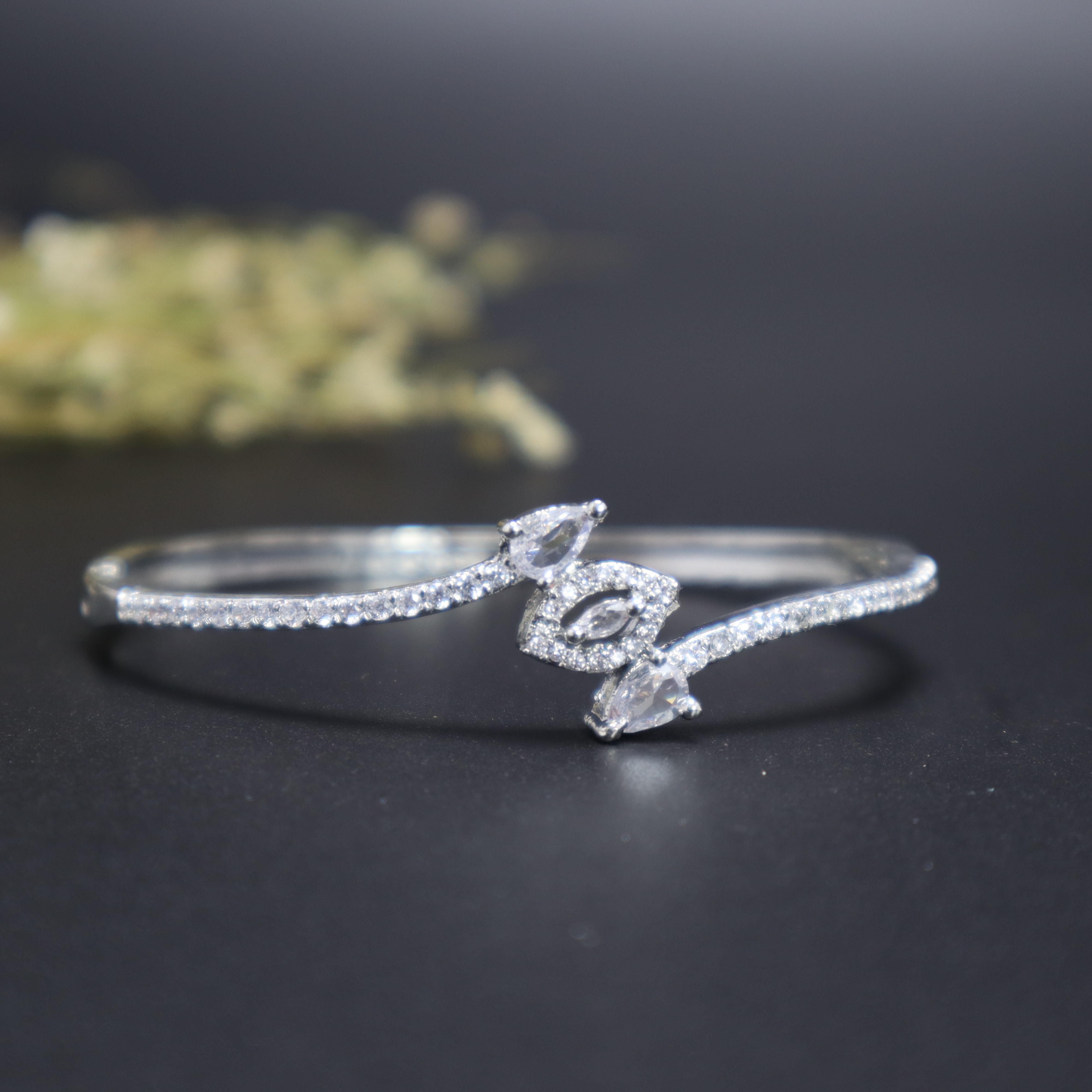 Keerthii Kalaa Marquise & Pear AD Stone Open Cuff Bracelet for Women & Girls - Sparkling Silver Bangle, Free Size