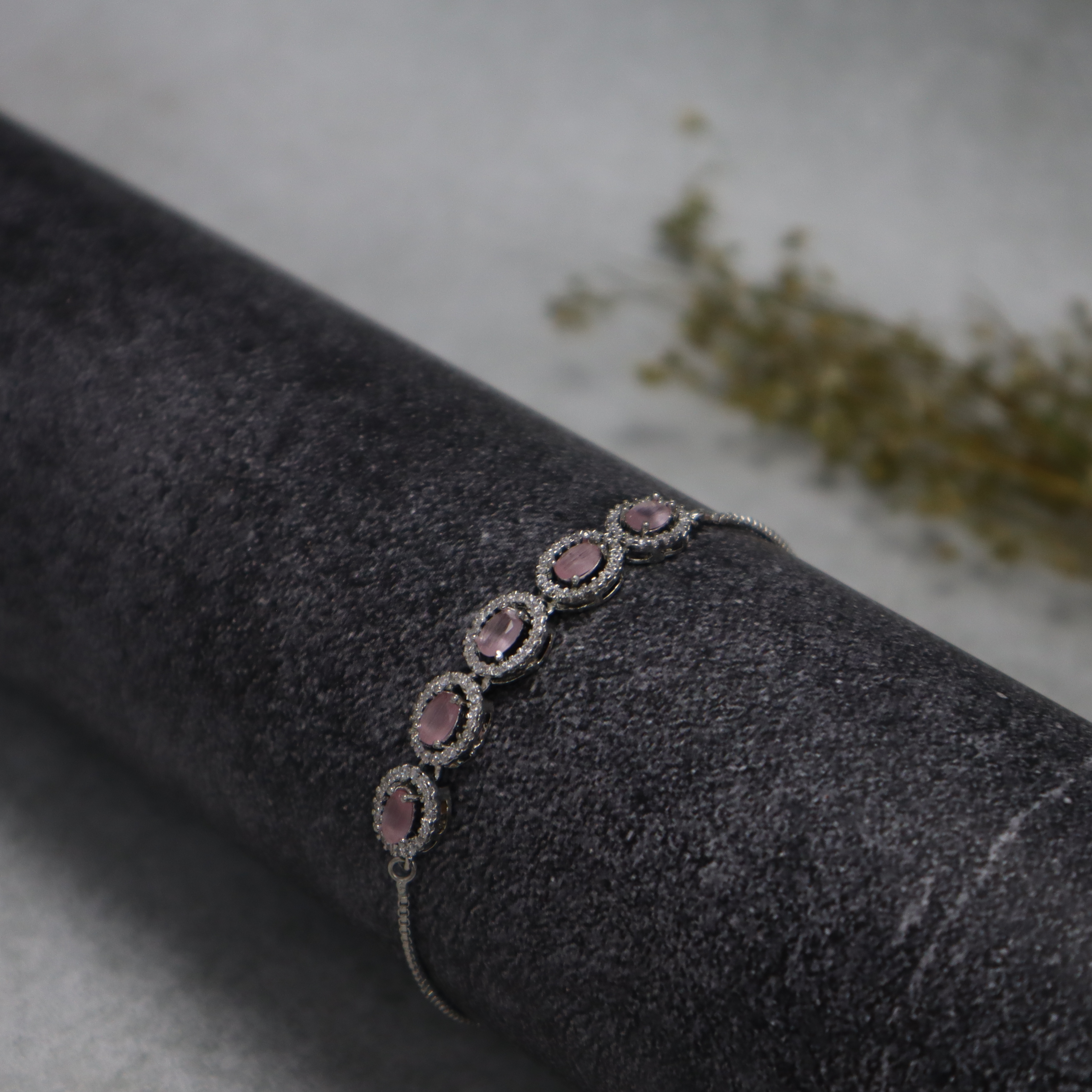 Keerthii Kalaa Pastel Pink Oval AD Stone Bracelet for Women & Girls - Sparkling Silver Chain Bracelet, Adjustable