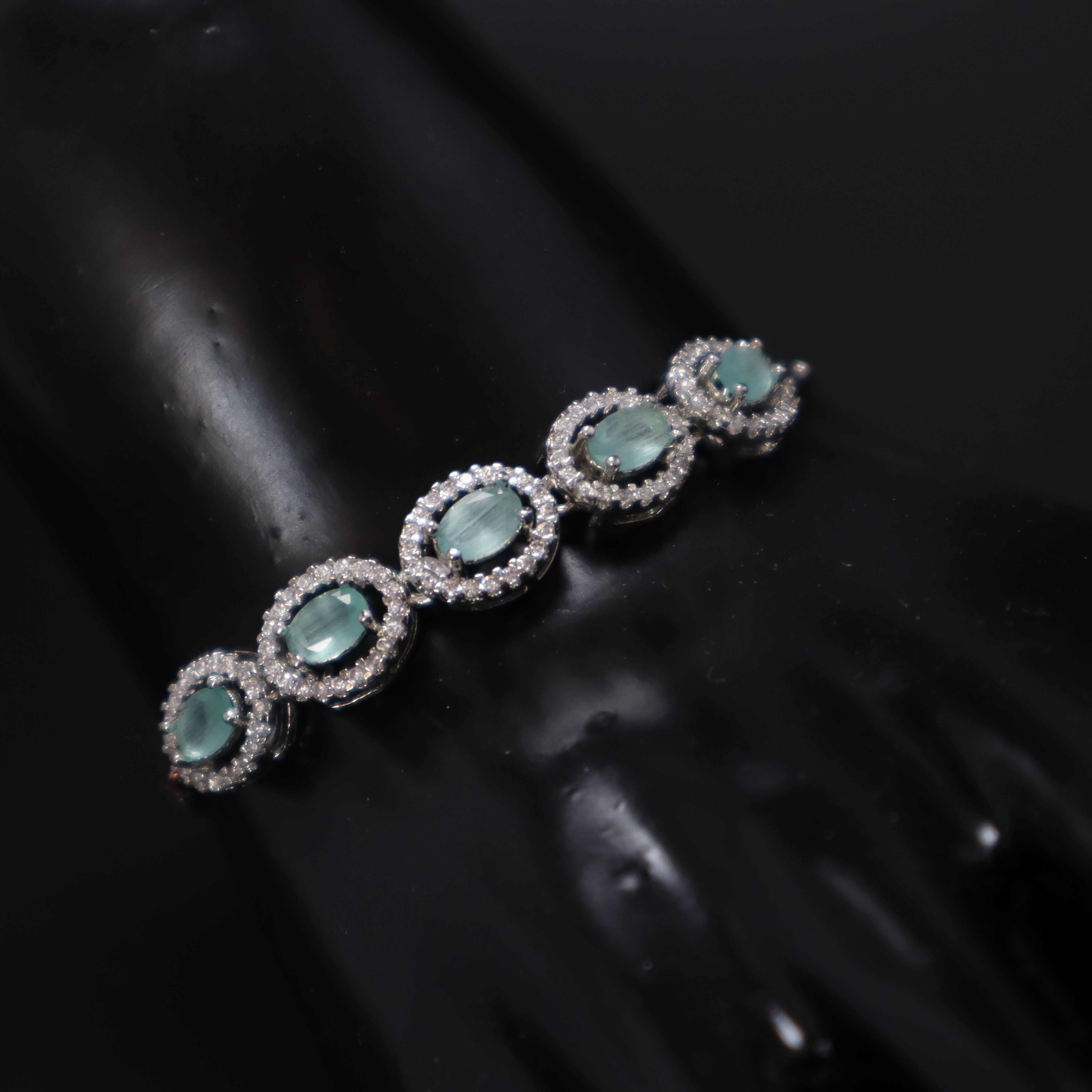 Keerthii Kalaa Mint Green Oval AD Stone Bracelet for Women & Girls - Sparkling Silver Chain Bracelet, Adjustable