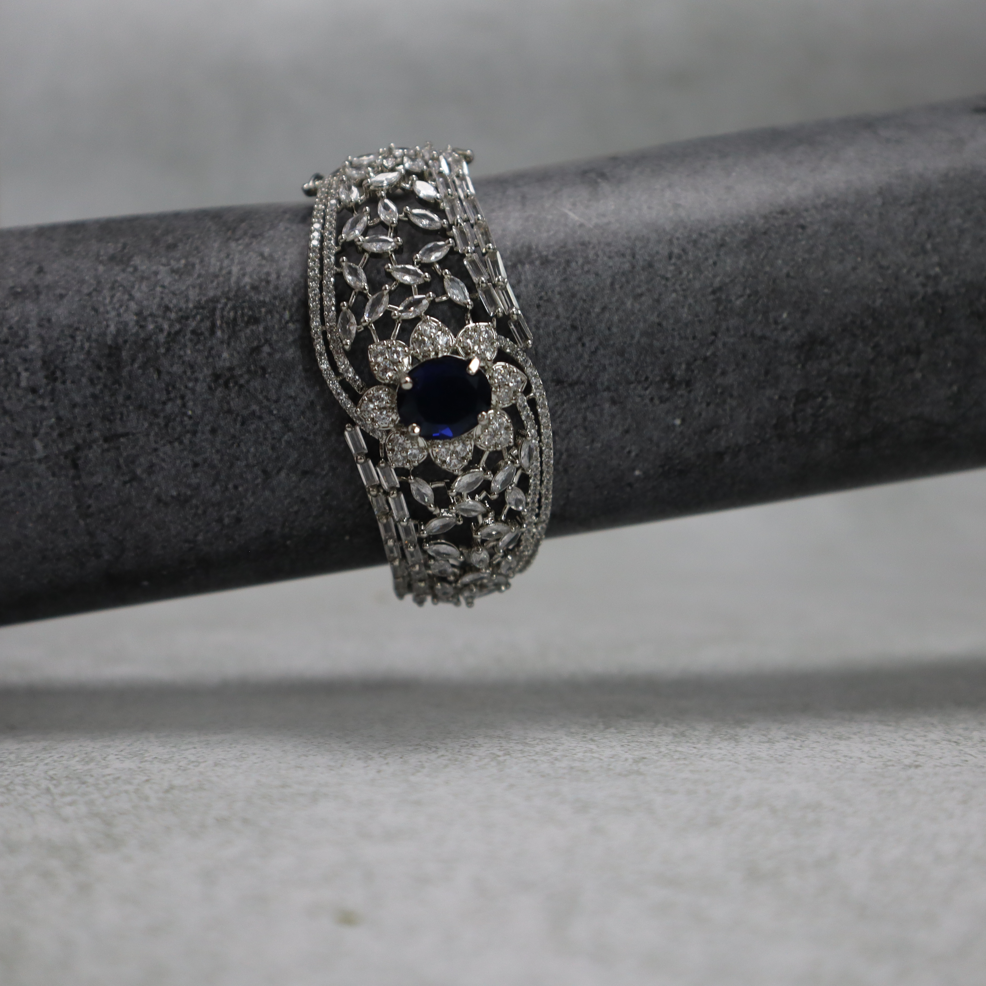 Keerthii Kalaa Royal Blue Center Stone AD Bracelet for Women & Girls - Sparkling Silver Bangle, Side Open, Free Size