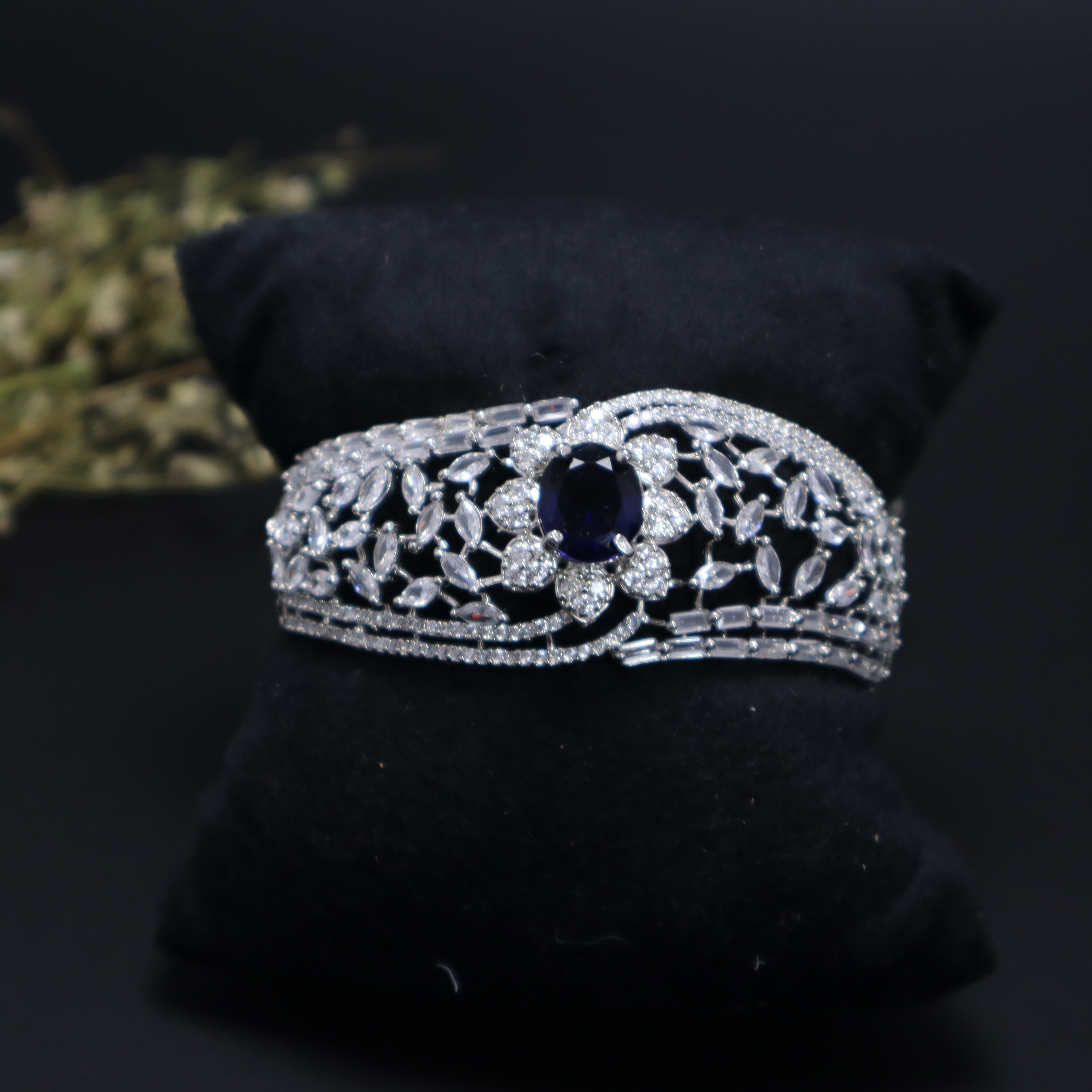 Keerthii Kalaa Royal Blue Center Stone AD Bracelet for Women & Girls - Sparkling Silver Bangle, Side Open, Free Size