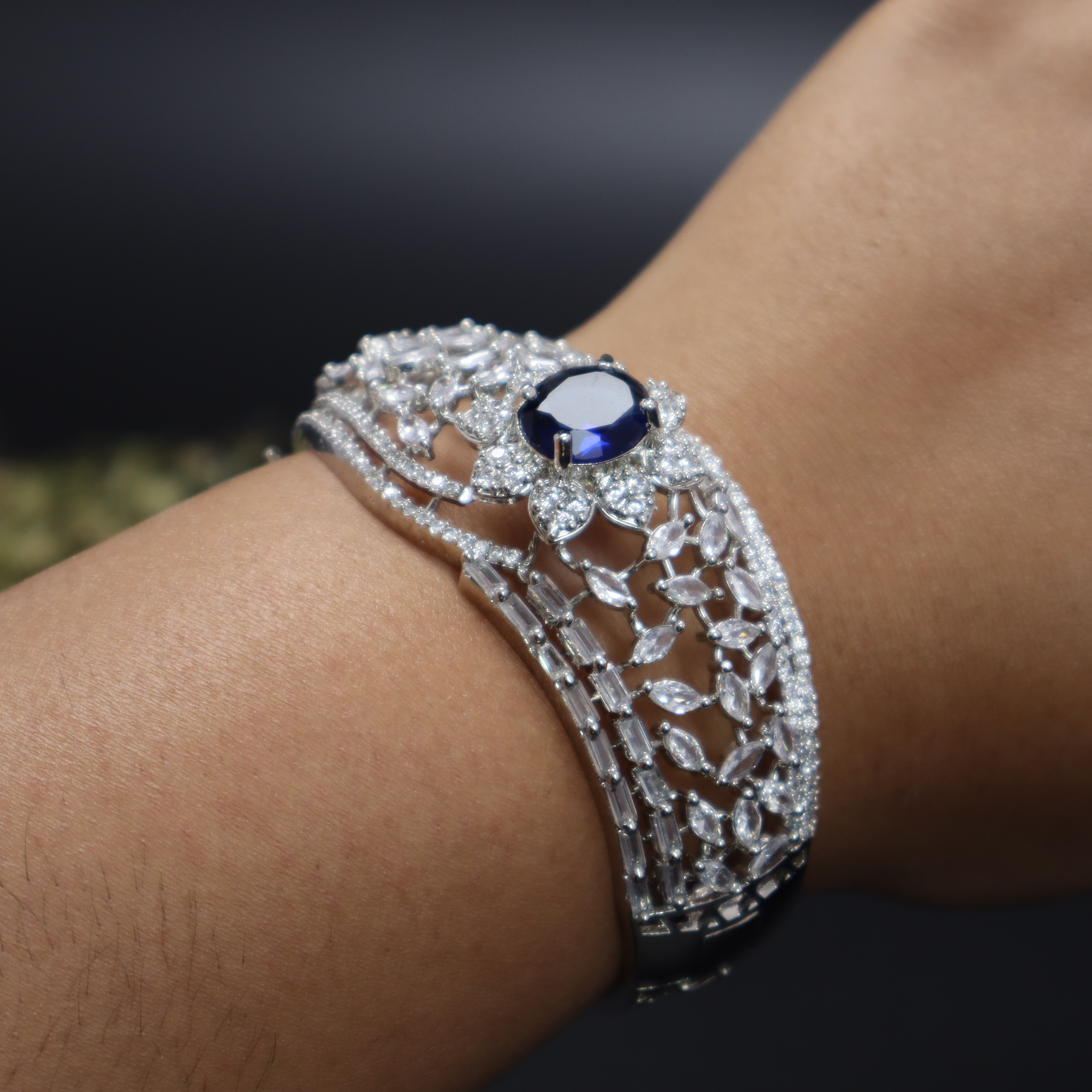Keerthii Kalaa Royal Blue Center Stone AD Bracelet for Women & Girls - Sparkling Silver Bangle, Side Open, Free Size