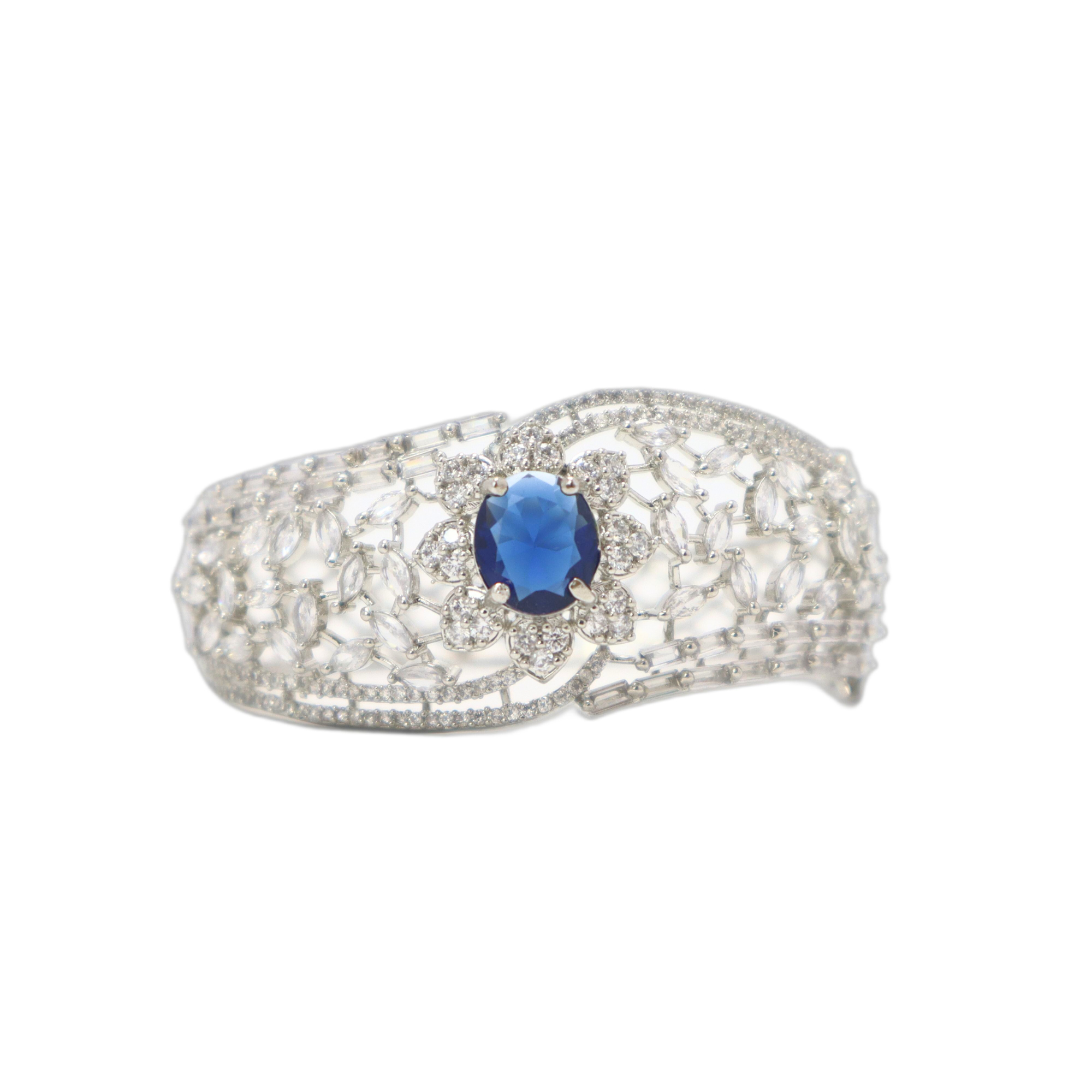 Keerthii Kalaa Royal Blue Center Stone AD Bracelet for Women & Girls - Sparkling Silver Bangle, Side Open, Free Size