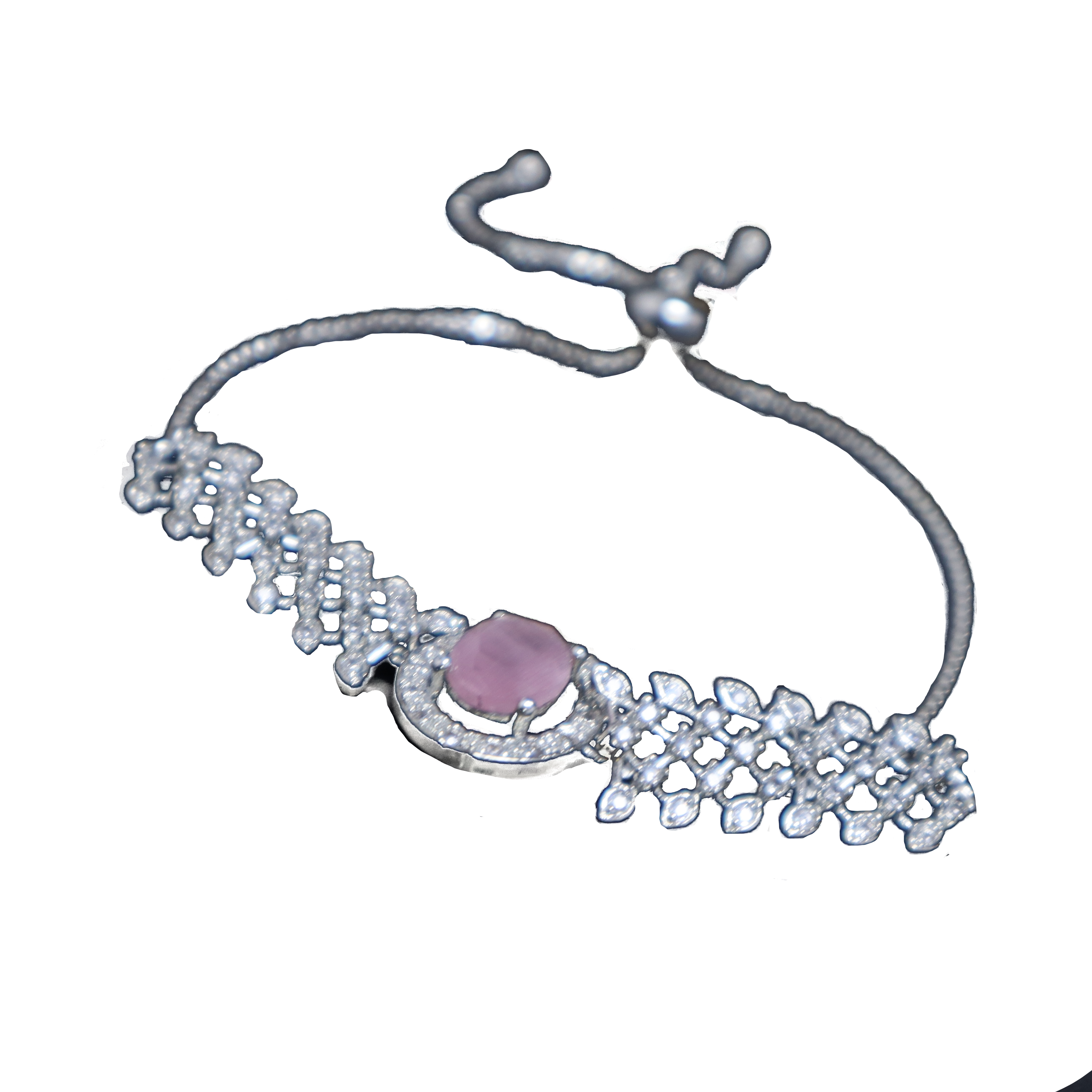 Keerthii Kalaa Pastel Pink Center Stone AD Bracelet for Women & Girls - Sparkling Silver Adjustable Chain