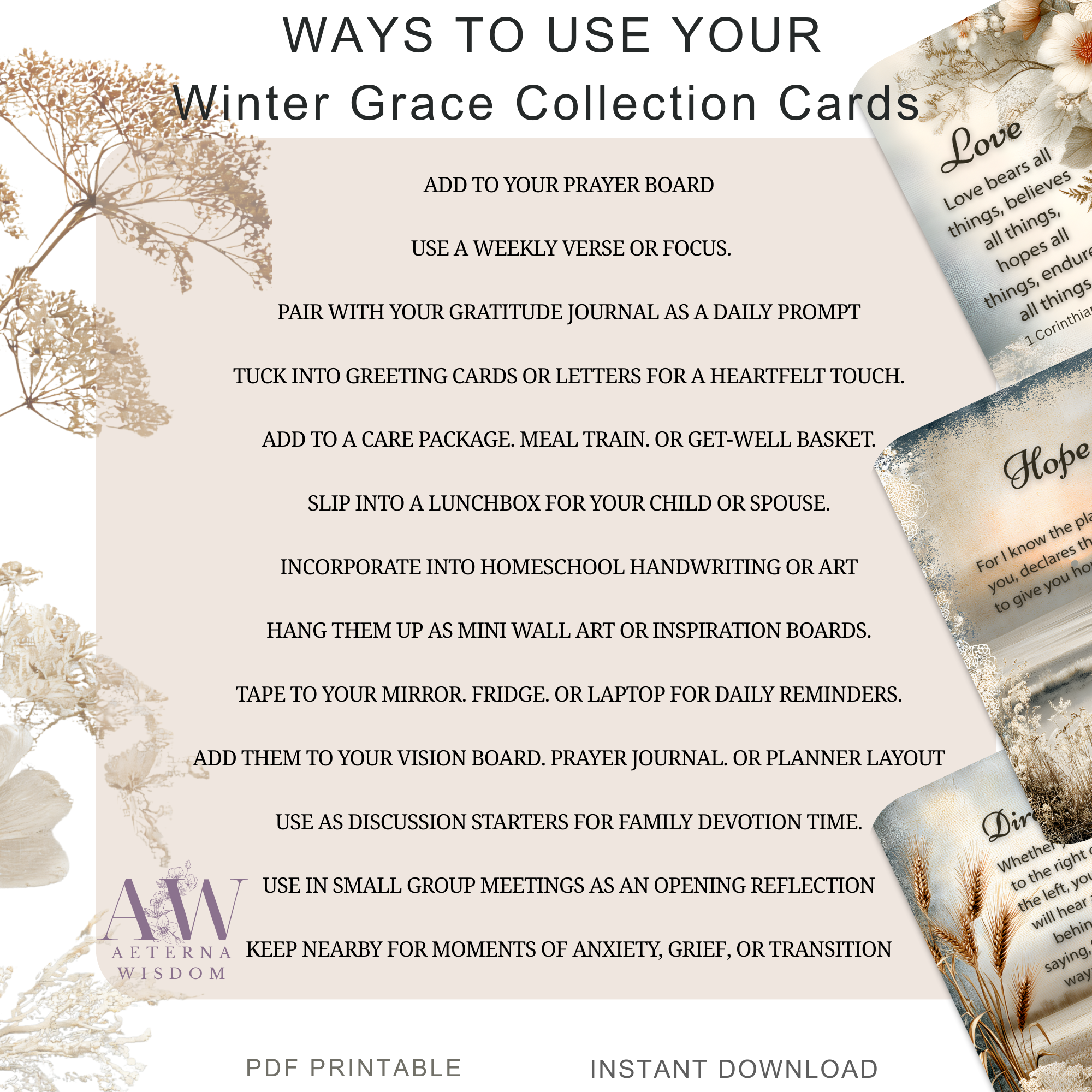 Winter Grace Scripture Cards Printable | 24 Christian Encouragement Cards | Inspirational Bible Verse Cards | Faith Devotional Cards | Shabby Chic Winter Art