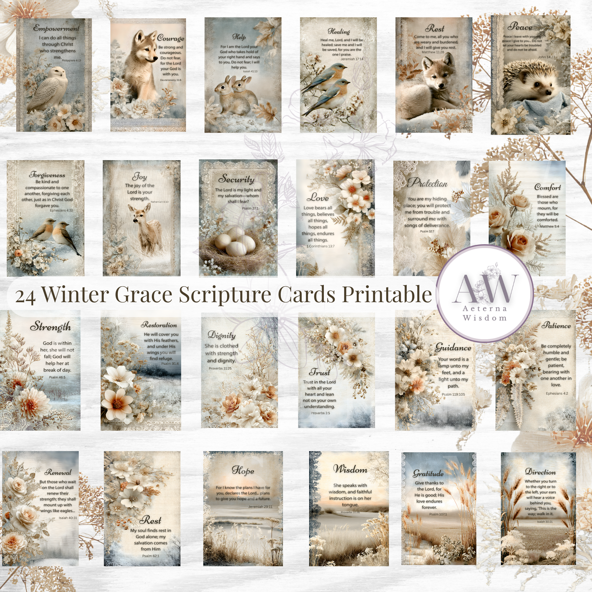 Winter Grace Scripture Cards Printable | 24 Christian Encouragement Cards | Inspirational Bible Verse Cards | Faith Devotional Cards | Shabby Chic Winter Art