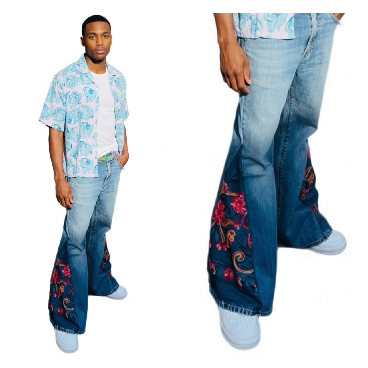 Boho Flower Embroidered Unisex Flare Jeans