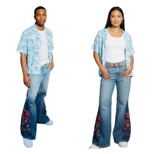 Boho Flower Embroidered Unisex Flare Jeans