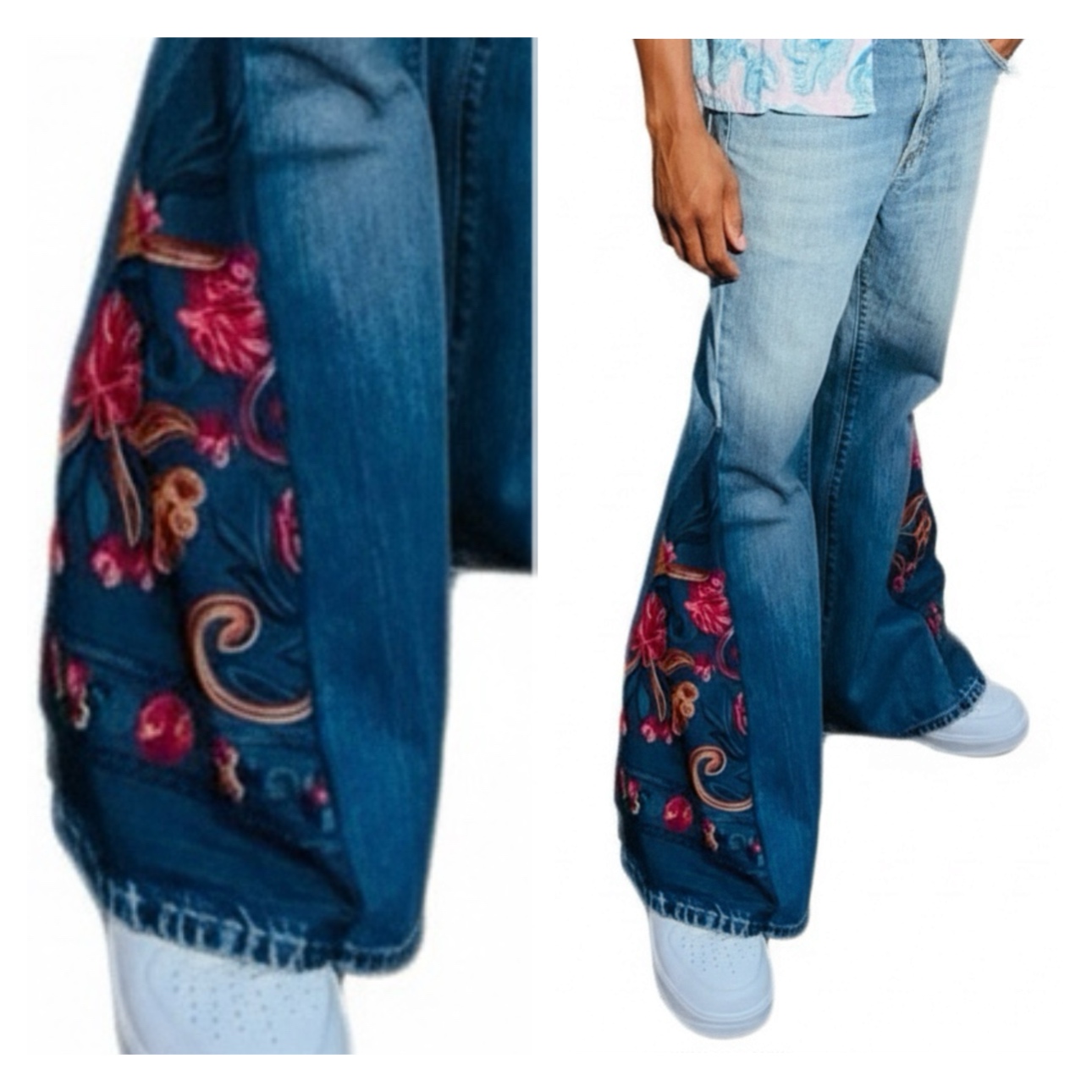 Boho Flower Embroidered Unisex Flare Jeans