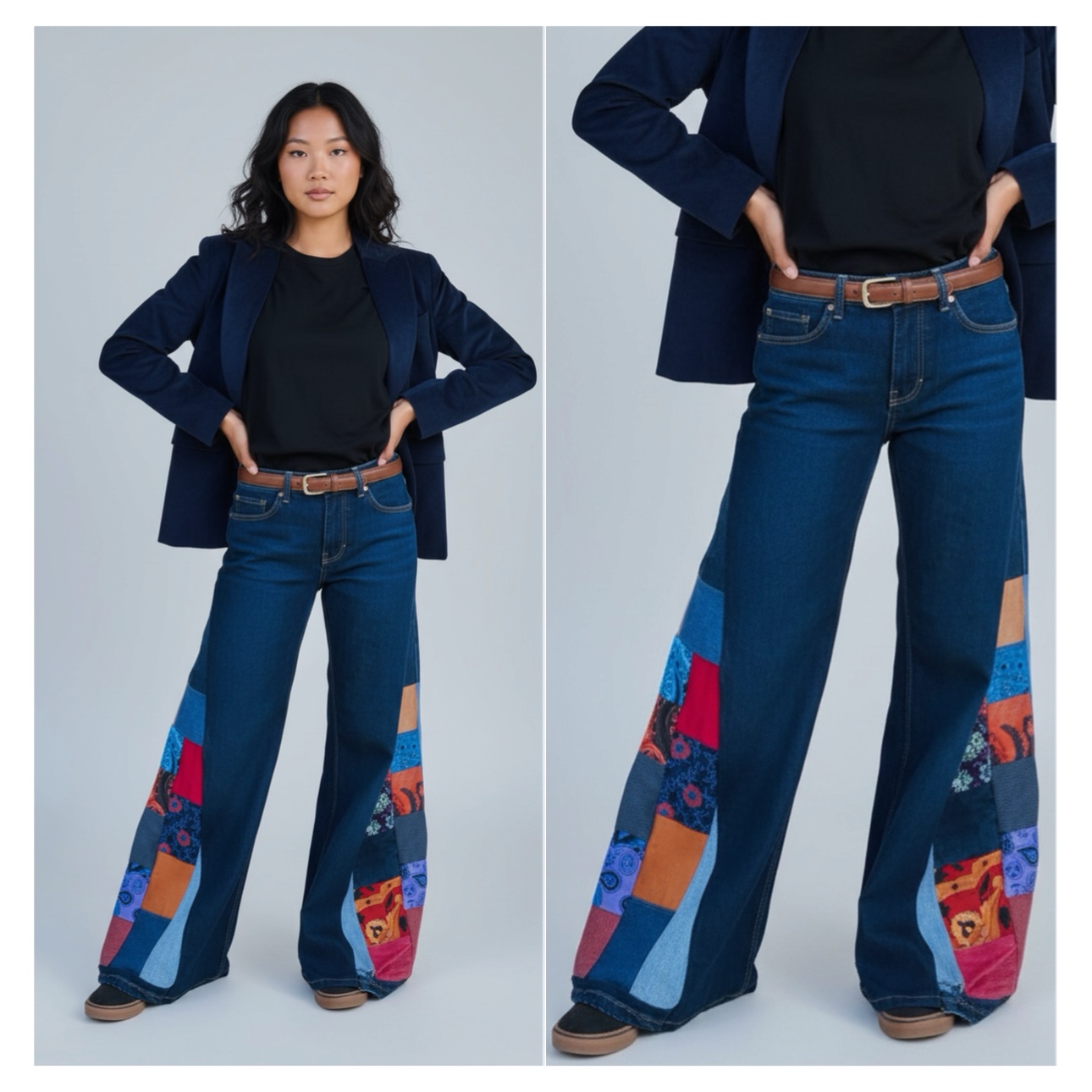 Wide Leg Patchwork Flared Jeans
