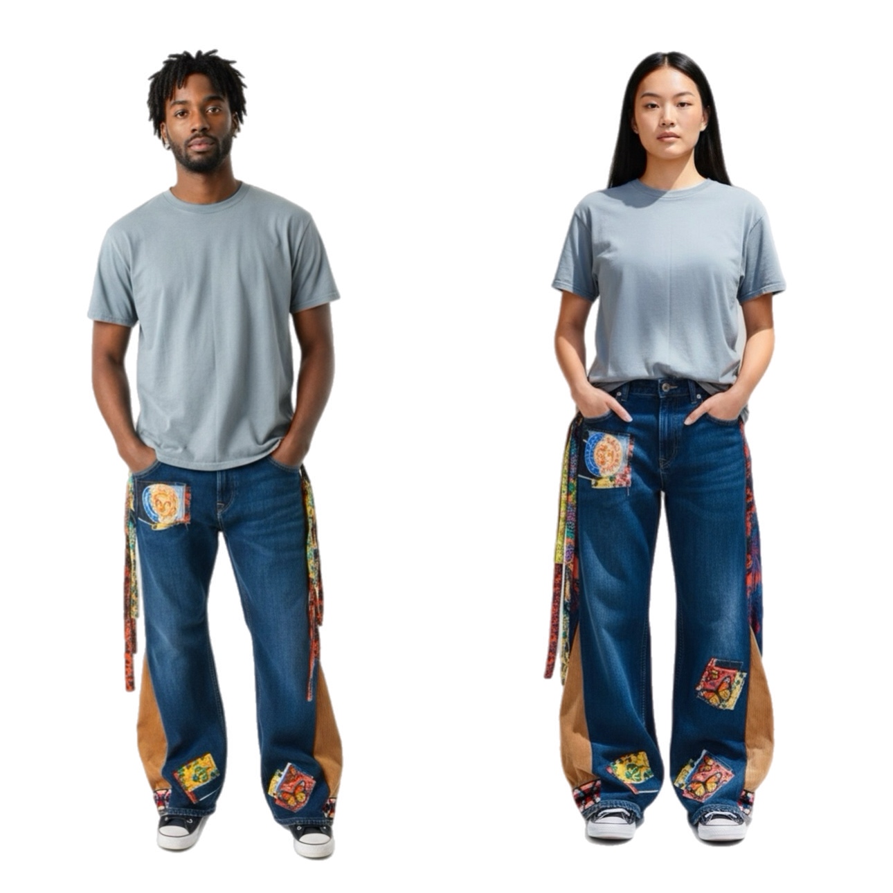 Patchwork Wide-Leg Unisex Jeans 
