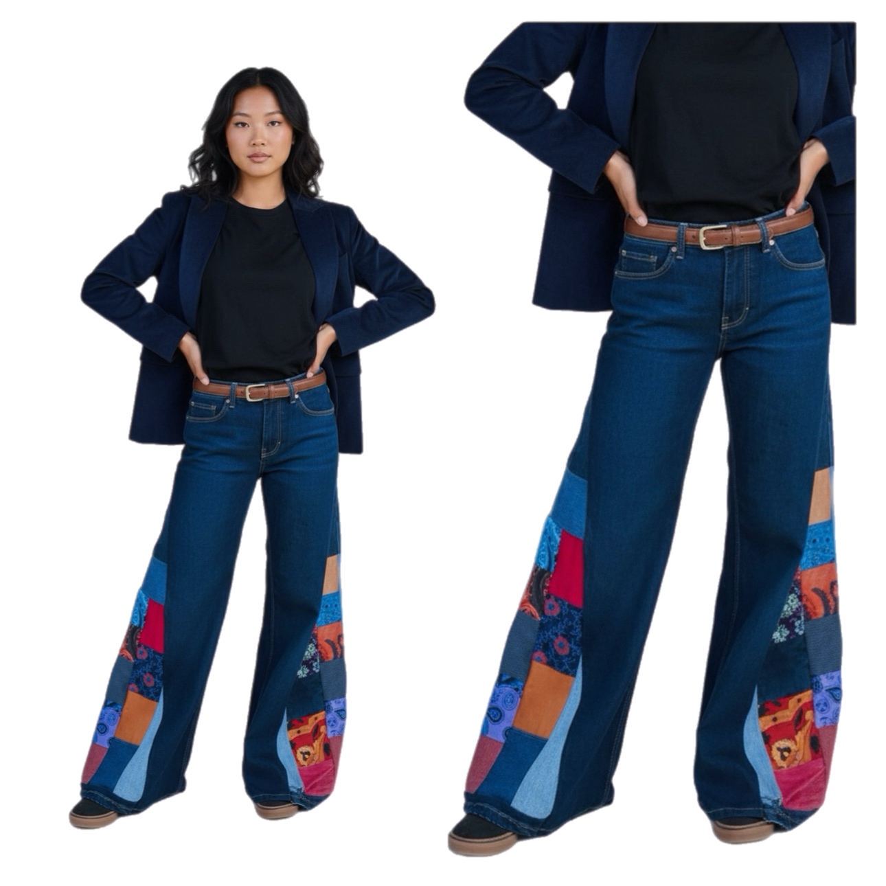 Wide Leg Patchwork Flared Jeans