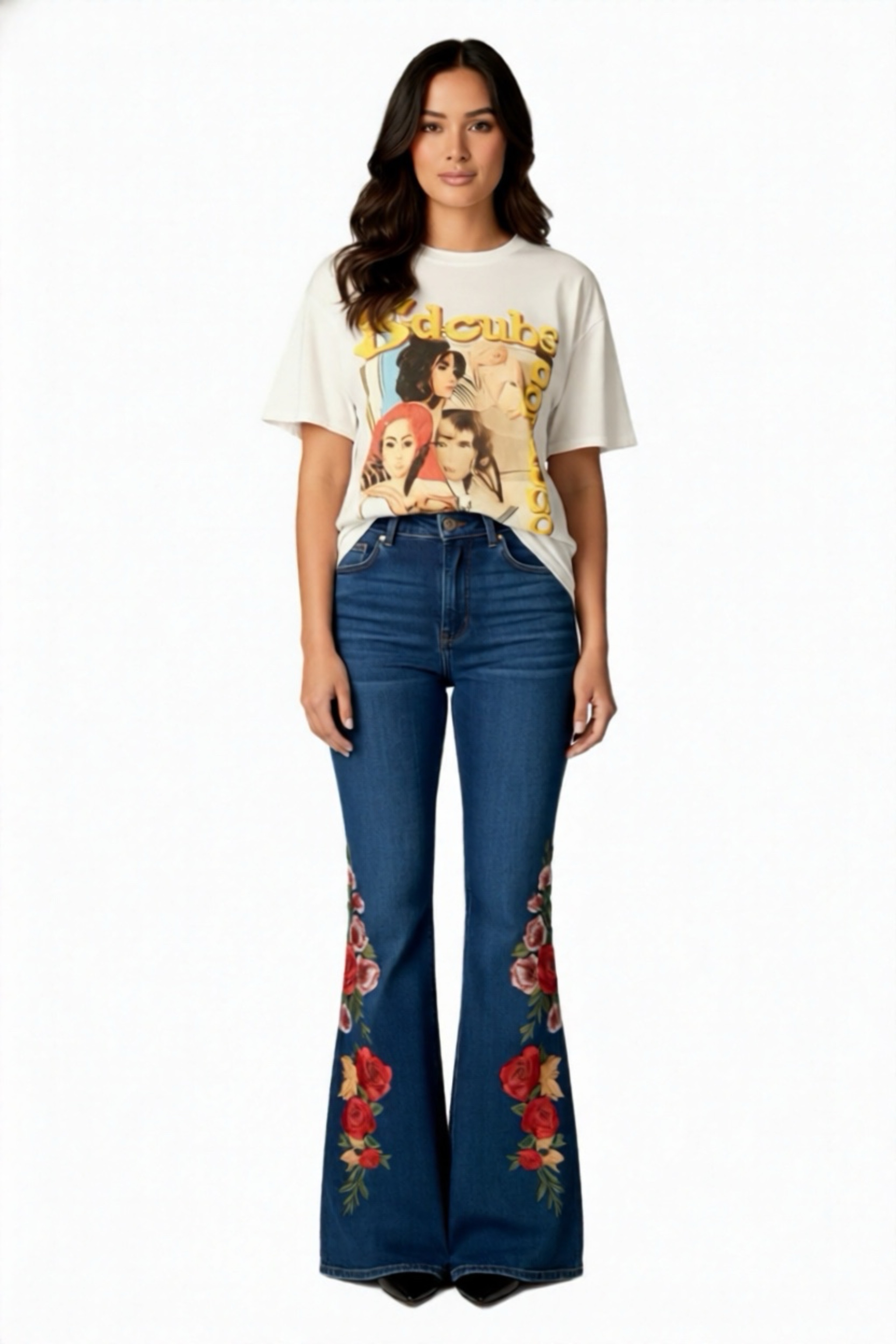 Floral Embroidered Flared Jeans