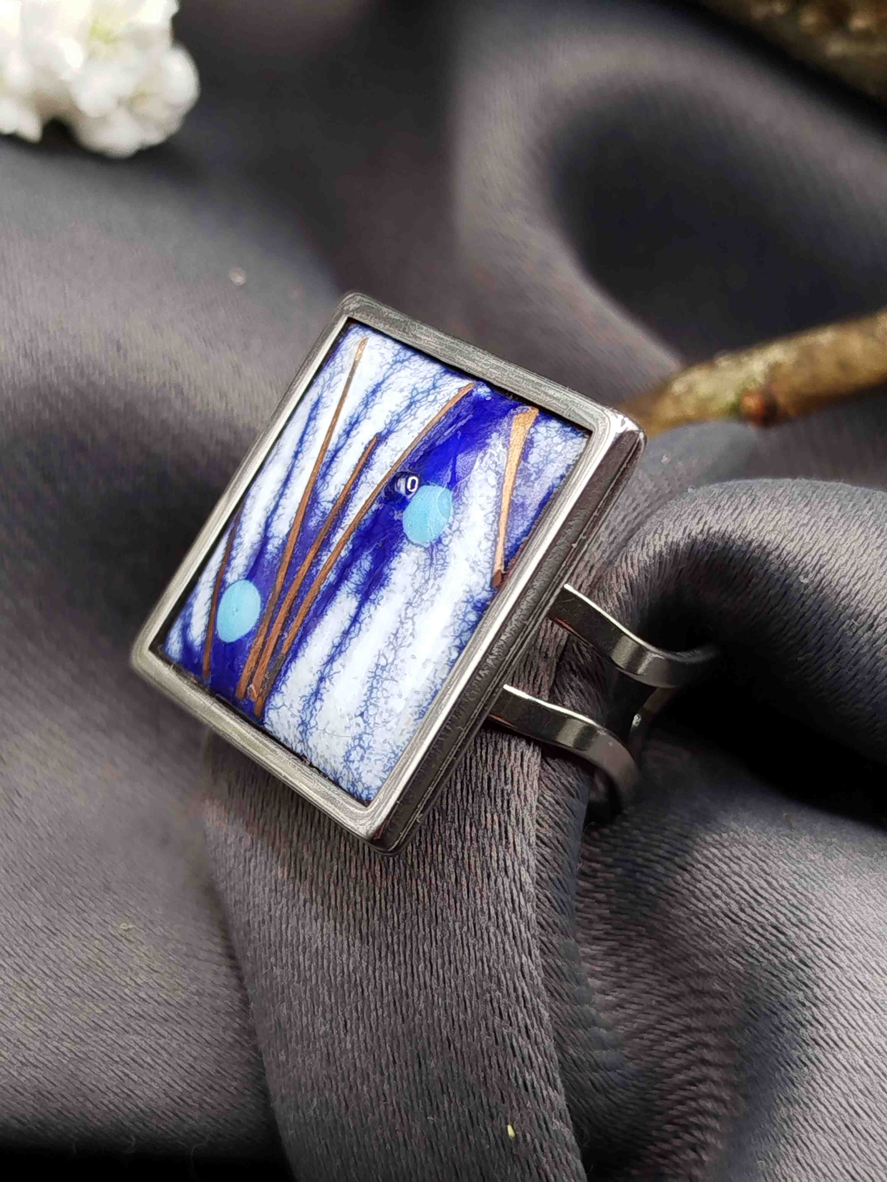 Bague Grandissime bleu blanche et cuivrée