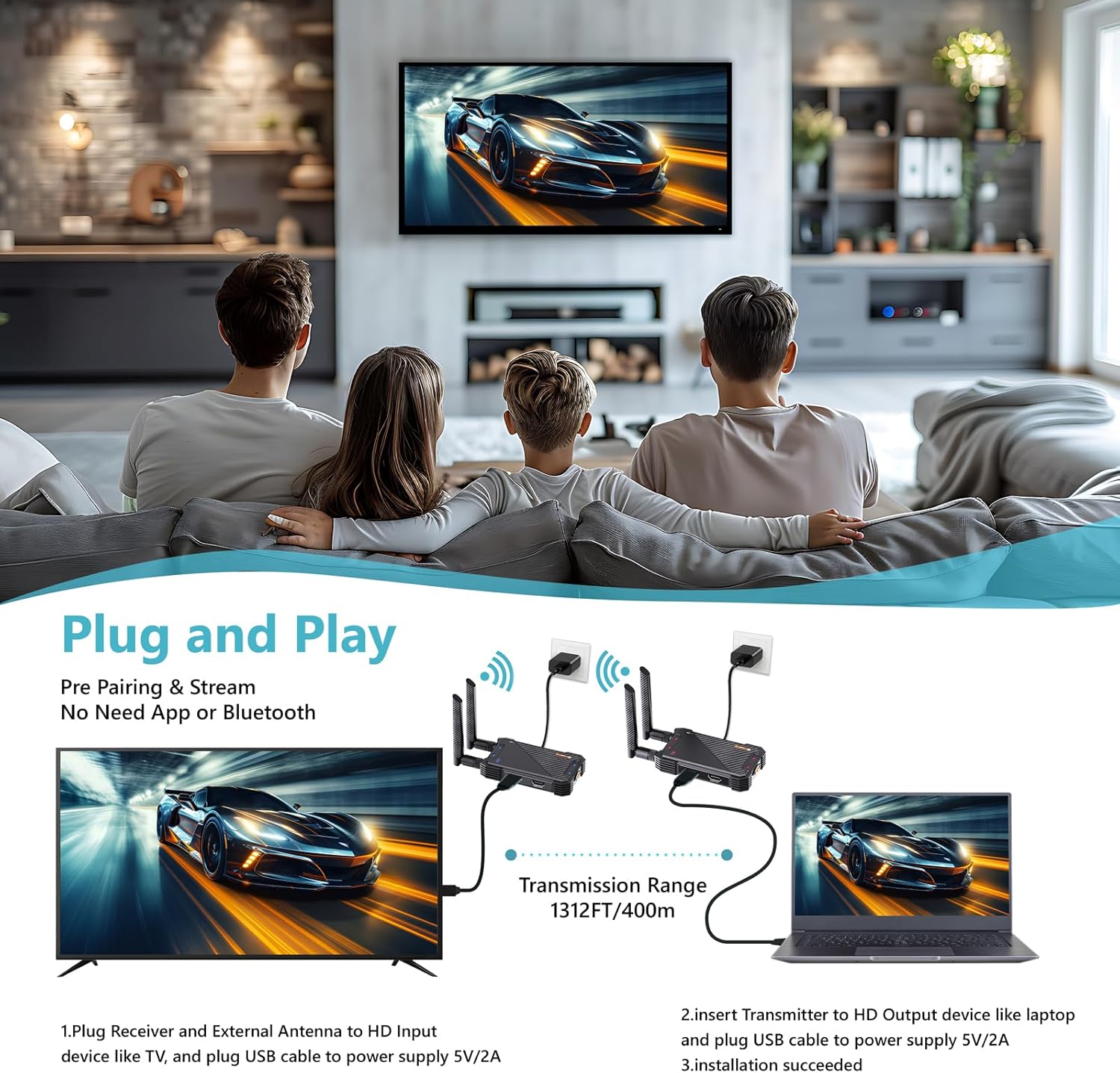 1080P No Battery Slot 1312ft  Wireless HDMI Transmitter and Receiver