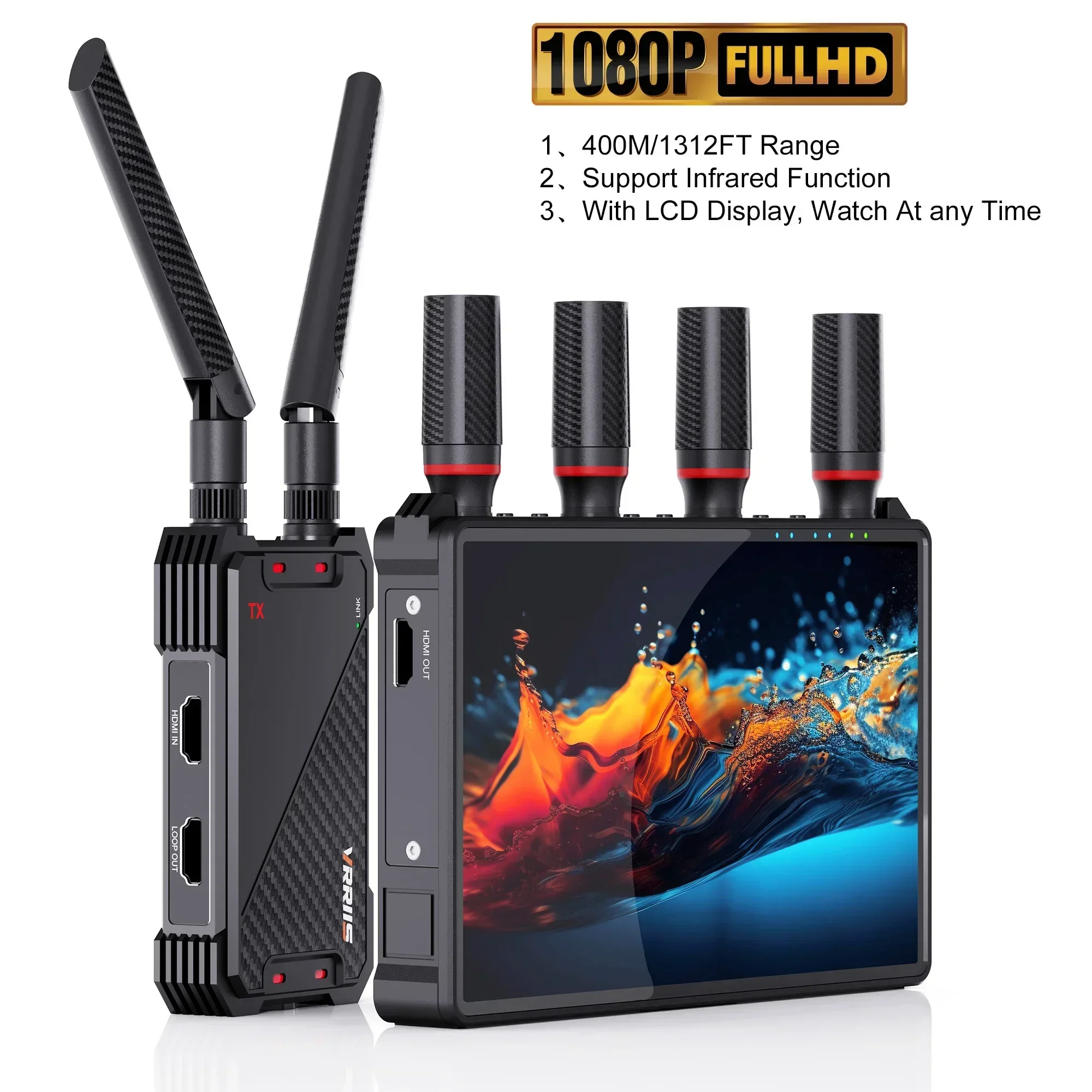 1,312FT WL083 Wireless HDMI Extender Video Transmitter Receiver with 7-inch Monitor LCD Screen