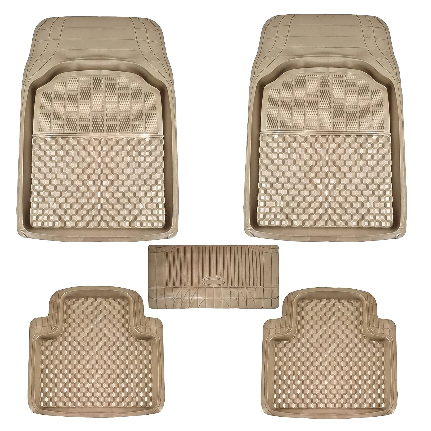 3G PVC Rubber Car Mat Compatible with All 4 Wheeler (All Model Year) | Tray Shape Universal Size Car Floor Foot Mats | Complete Set of 5 Pieces | 100% Waterproof and Washable | Beige Color