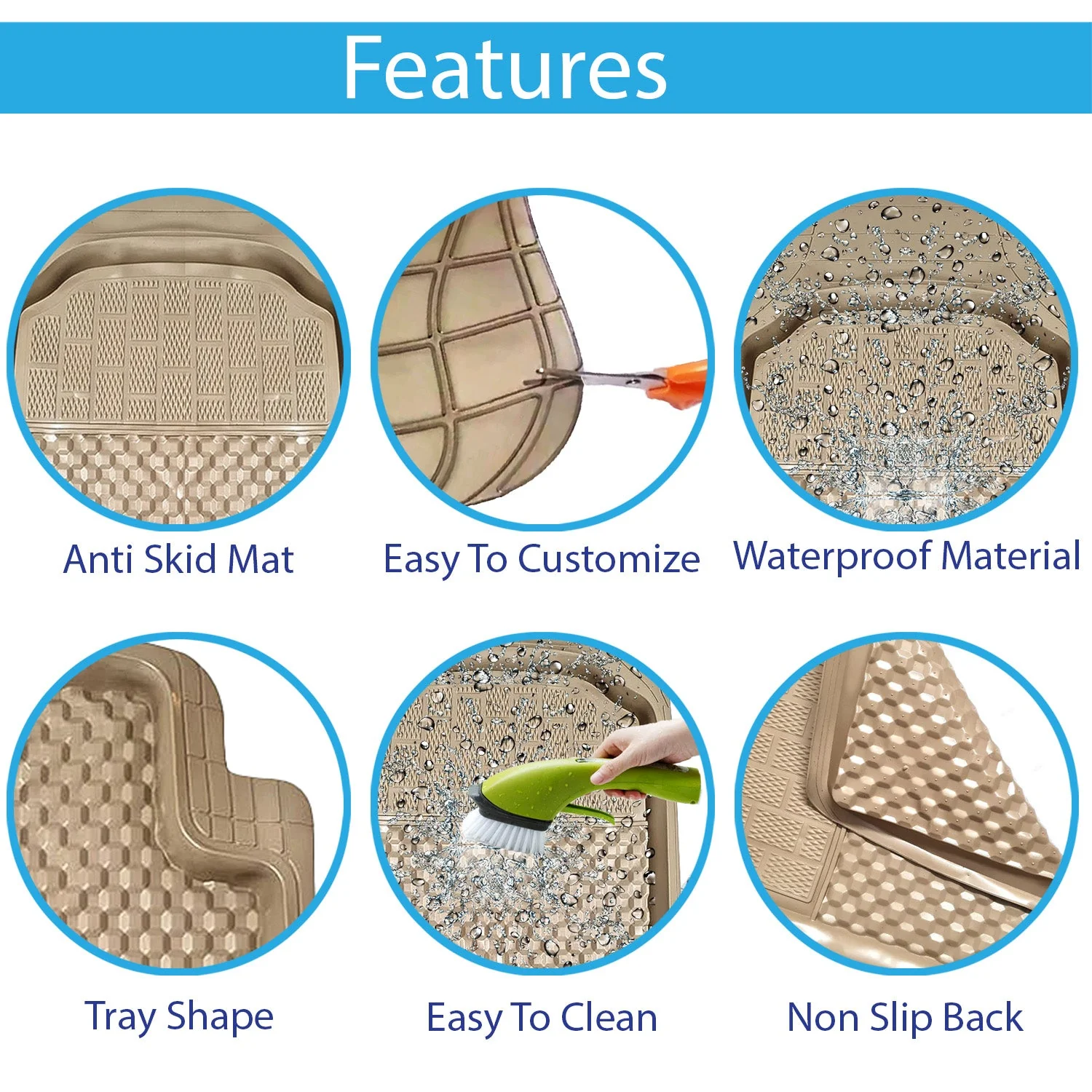 3G PVC Rubber Car Mat Compatible with All 4 Wheeler (All Model Year) | Tray Shape Universal Size Car Floor Foot Mats | Complete Set of 5 Pieces | 100% Waterproof and Washable | Beige Color