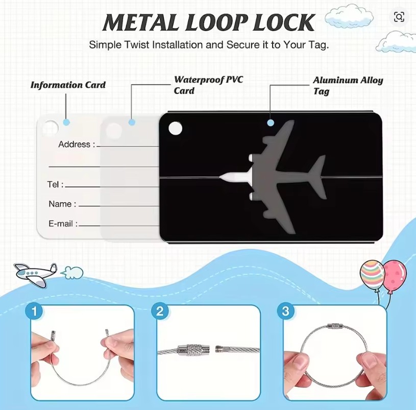 3 Étiquettes de bagage de voyage en alliage d'aluminium