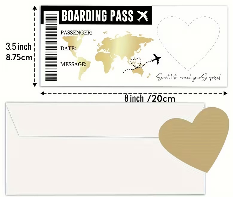 Billet de Voyage Surprise avec Enveloppe & Autocollant Cœur à Gratter