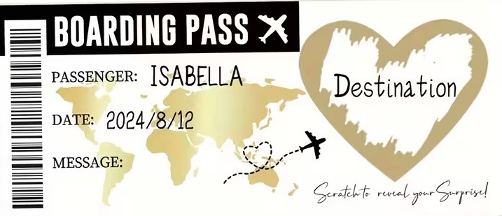 Billet de Voyage Surprise avec Enveloppe & Autocollant Cœur à Gratter