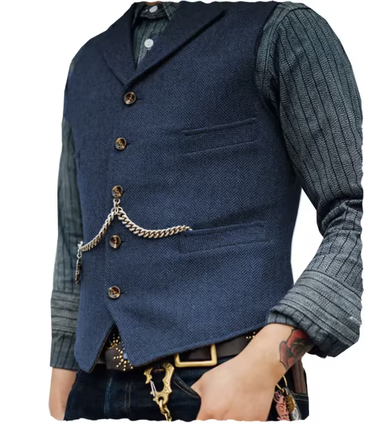 Men's Navy Blue Herringbone Tweed Vest
