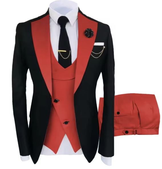 Men's Black and Red 3-Piece Suit