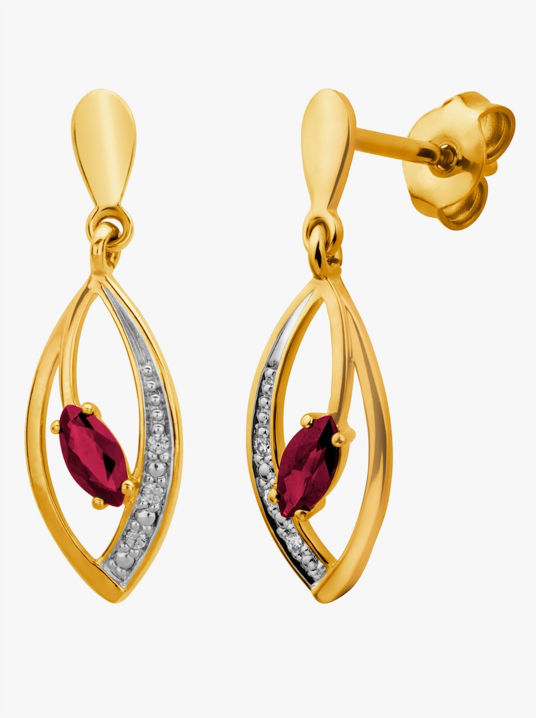 Goldene Ohrringe mit Rubin und Diamanten