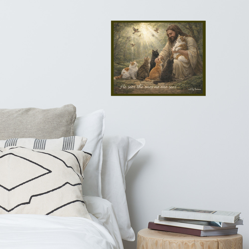 He Sees the Ones No One Sees Christian Cat Art Print | Jesus with Cats Wall Art | Faith-Based Animal Rescue Artwork | Pet Lover Gift