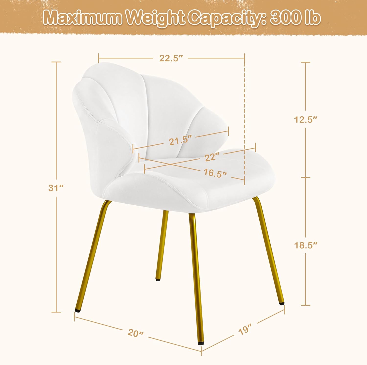 Vanity Chair, Velvet Accent Chair with Shell-Shaped Backrest, Modern Armchair with Gold Metal Legs for Dressing Room/Bedroom/Living Room, White