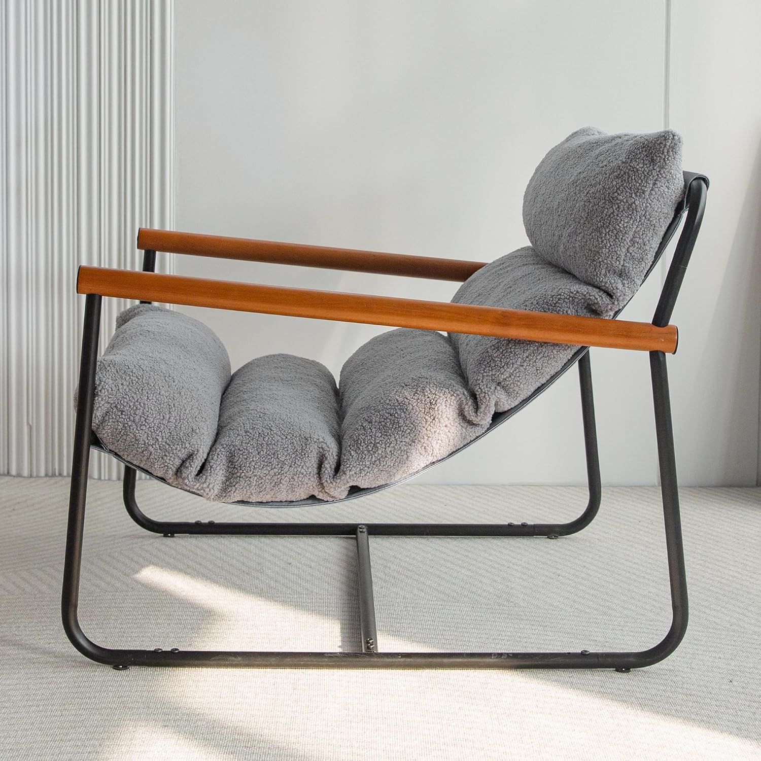 Sherpa Accent Chair, Boucle Arm Chair Living Room Chair, Reading Accent Chair, Mid Century Modern Bedroom Chair,Teddy Armchair Wooden Arms Metal Frame