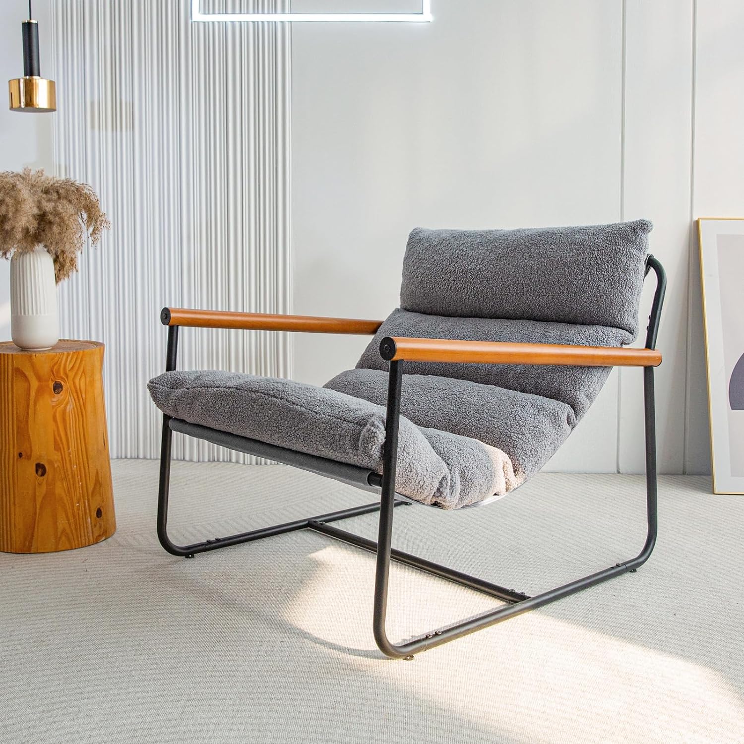 Sherpa Accent Chair, Boucle Arm Chair Living Room Chair, Reading Accent Chair, Mid Century Modern Bedroom Chair,Teddy Armchair Wooden Arms Metal Frame