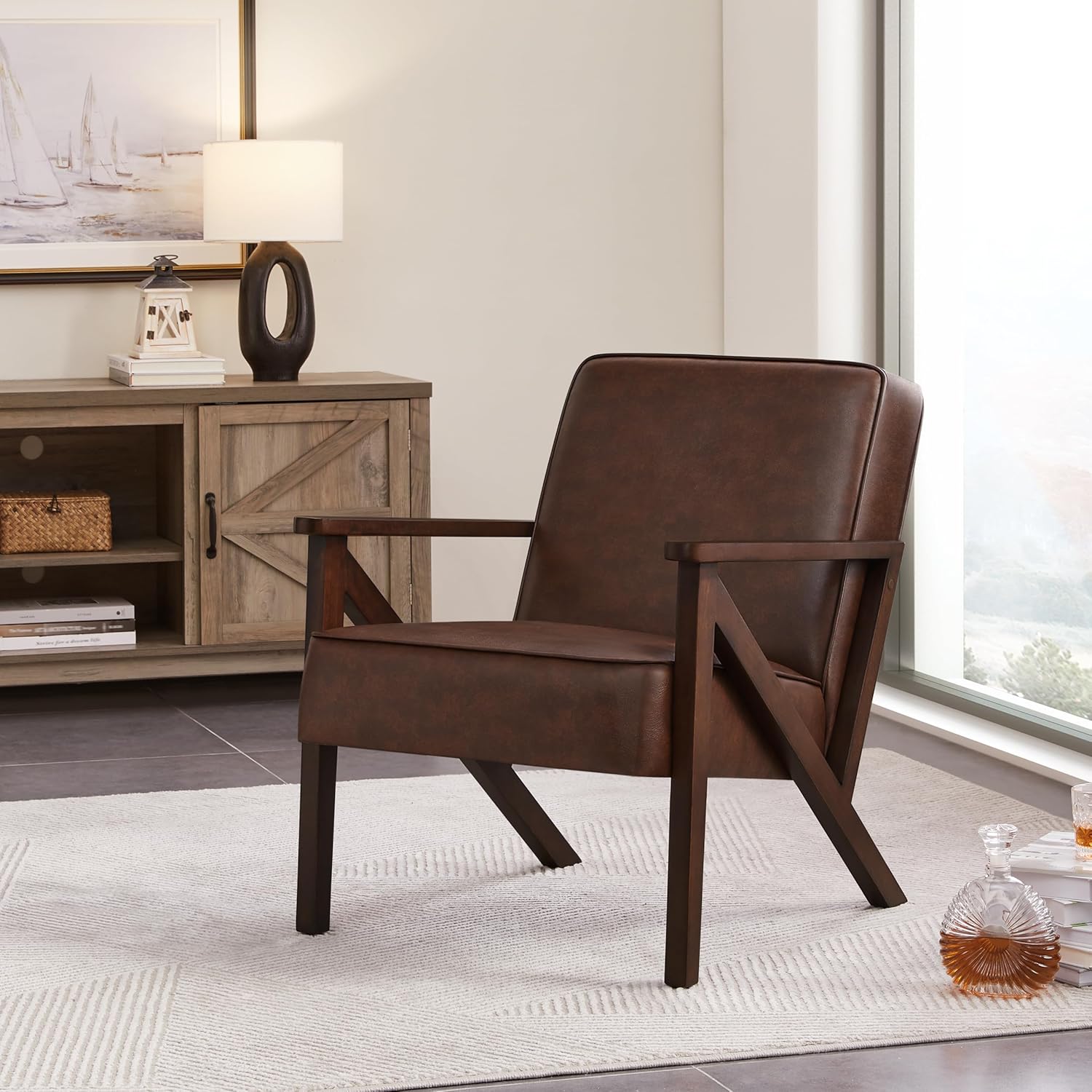 Accent Chair, Armchair with Strong Wood Frame, PU Leather Modern Retro Lounge Chair for Living Room/Lounge/Office/Reception Area, Dark Brown