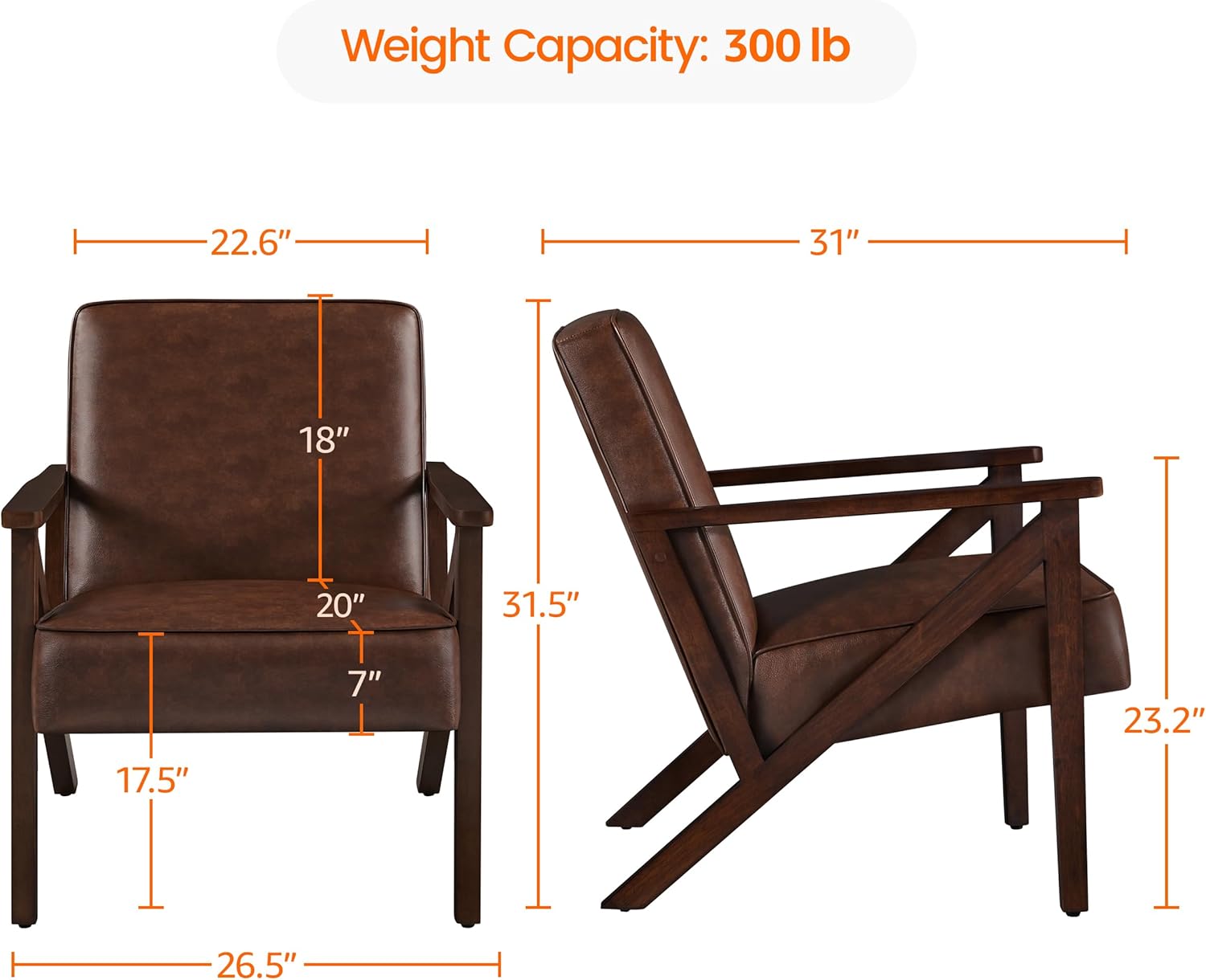 Accent Chair, Armchair with Strong Wood Frame, PU Leather Modern Retro Lounge Chair for Living Room/Lounge/Office/Reception Area, Dark Brown