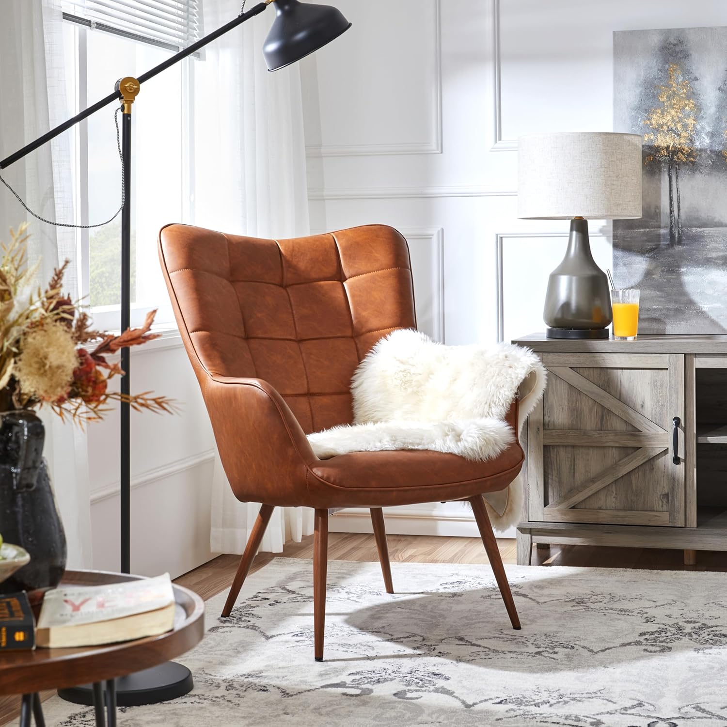 Leather Accent Chairs, Living Room Chairs Leather Large Armchairs Accent Chairs with Metal Legs for Living Bedroom Office Statement, Camel