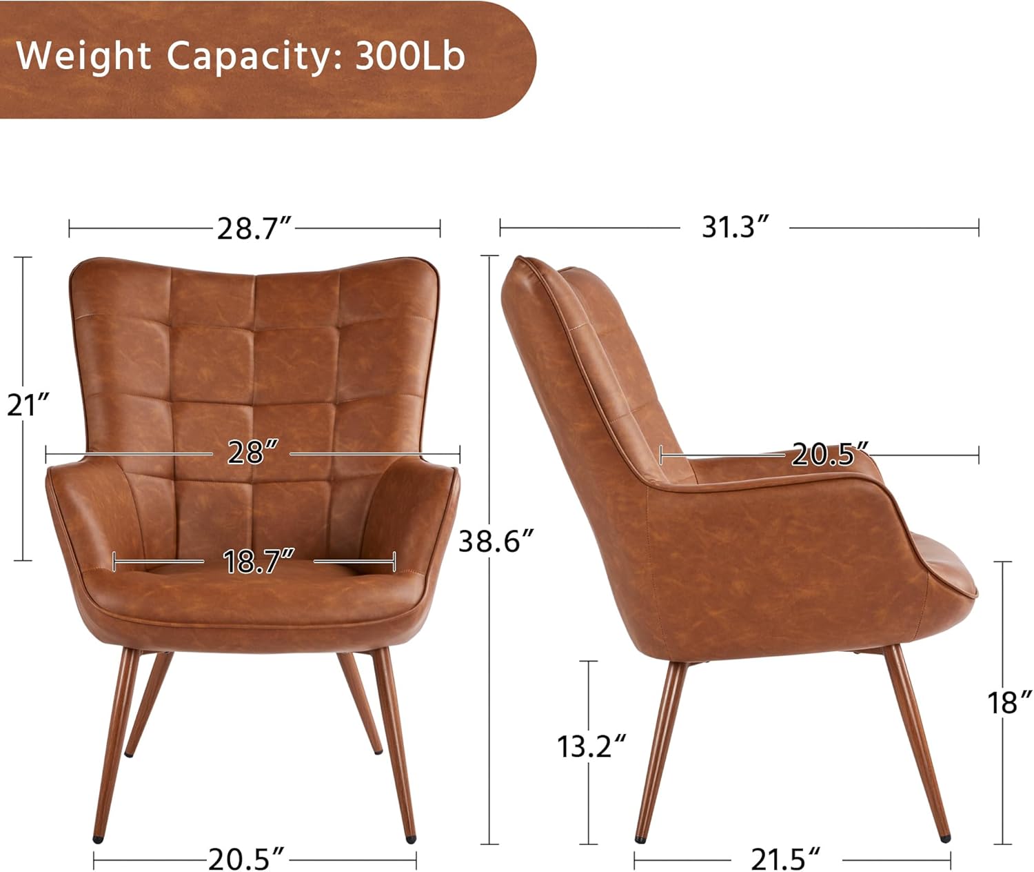 Leather Accent Chairs, Living Room Chairs Leather Large Armchairs Accent Chairs with Metal Legs for Living Bedroom Office Statement, Camel
