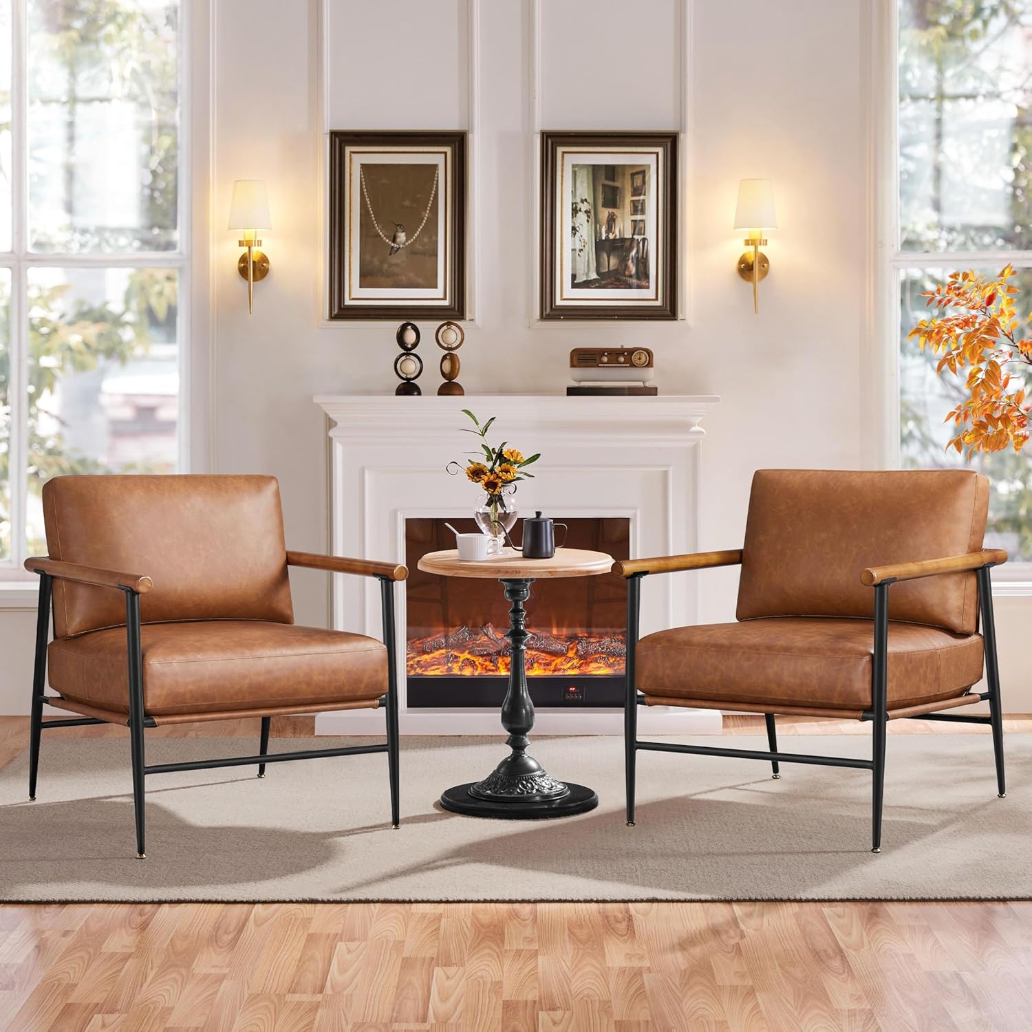 Accent Chair, PU Leather Living Room Chair Back Pillow Modern Lounge Chair Wooden Arms Metal Frame Bedroom Waiting Room Retro Brown