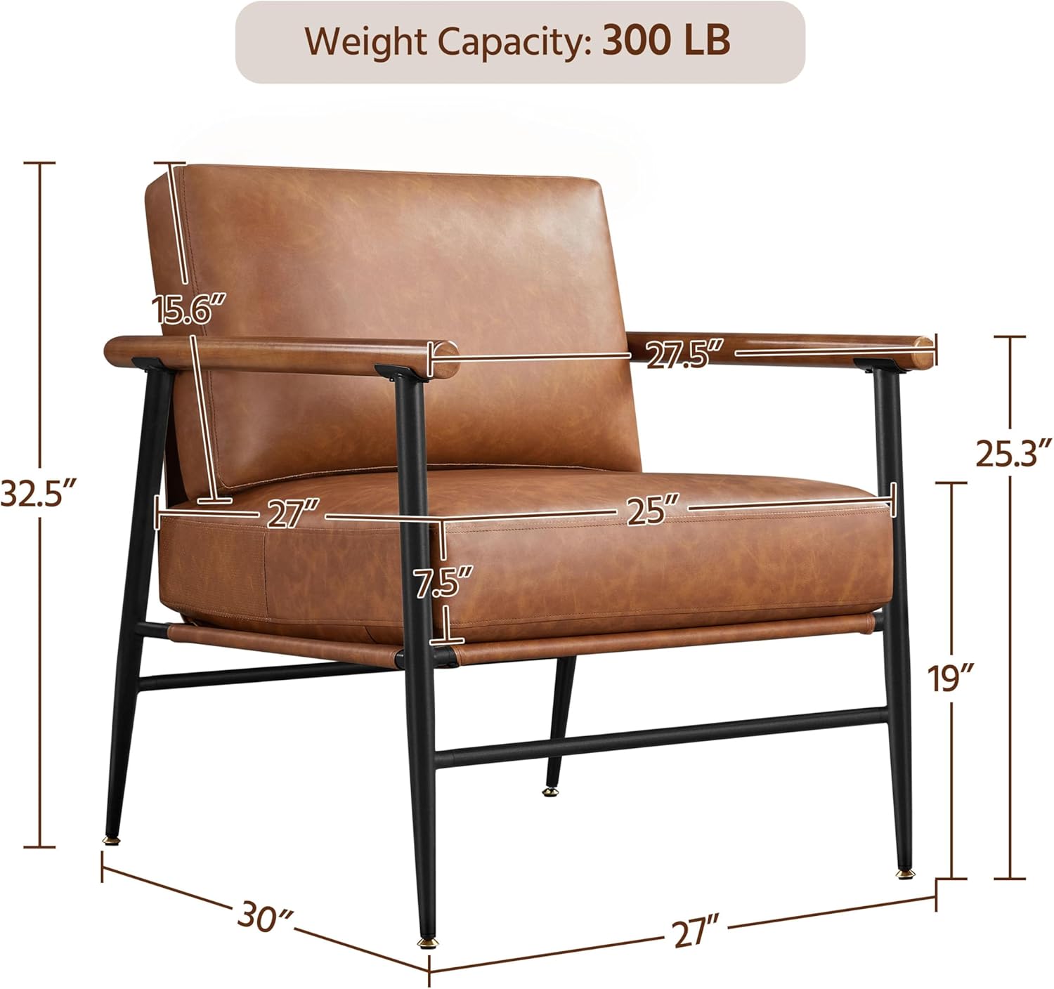 Accent Chair, PU Leather Living Room Chair Back Pillow Modern Lounge Chair Wooden Arms Metal Frame Bedroom Waiting Room Retro Brown