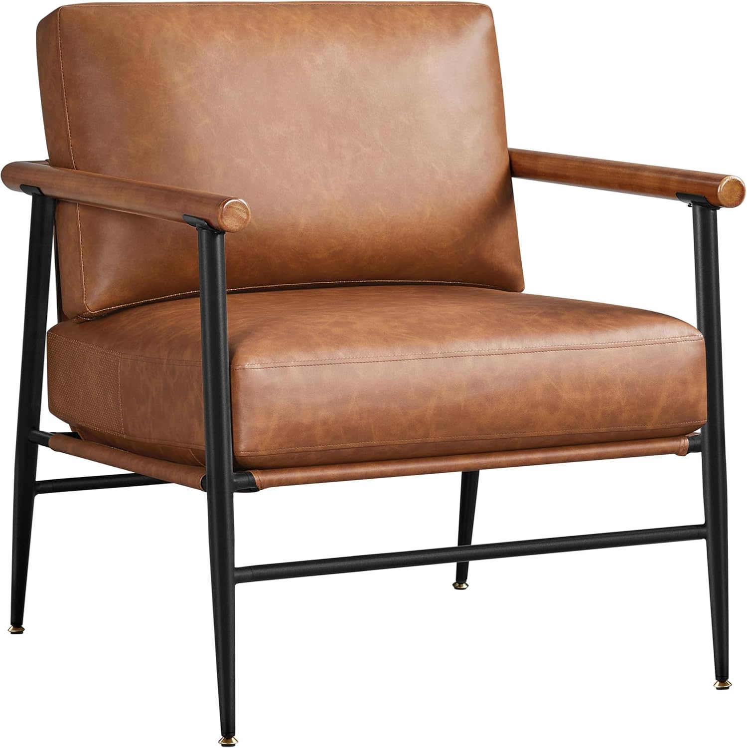 Accent Chair, PU Leather Living Room Chair Back Pillow Modern Lounge Chair Wooden Arms Metal Frame Bedroom Waiting Room Retro Brown