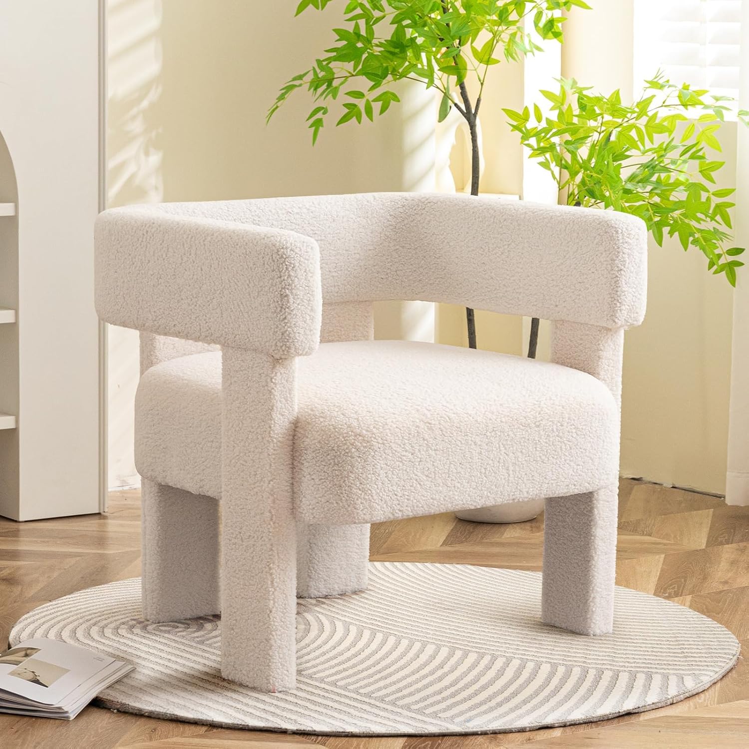 Accent Chair Sherpa Chair Upholstered Boucle Modern White Fluffy Chair Comfy Teddy Armchair Comfortable Reading Chair for Living Room Bedroom Office