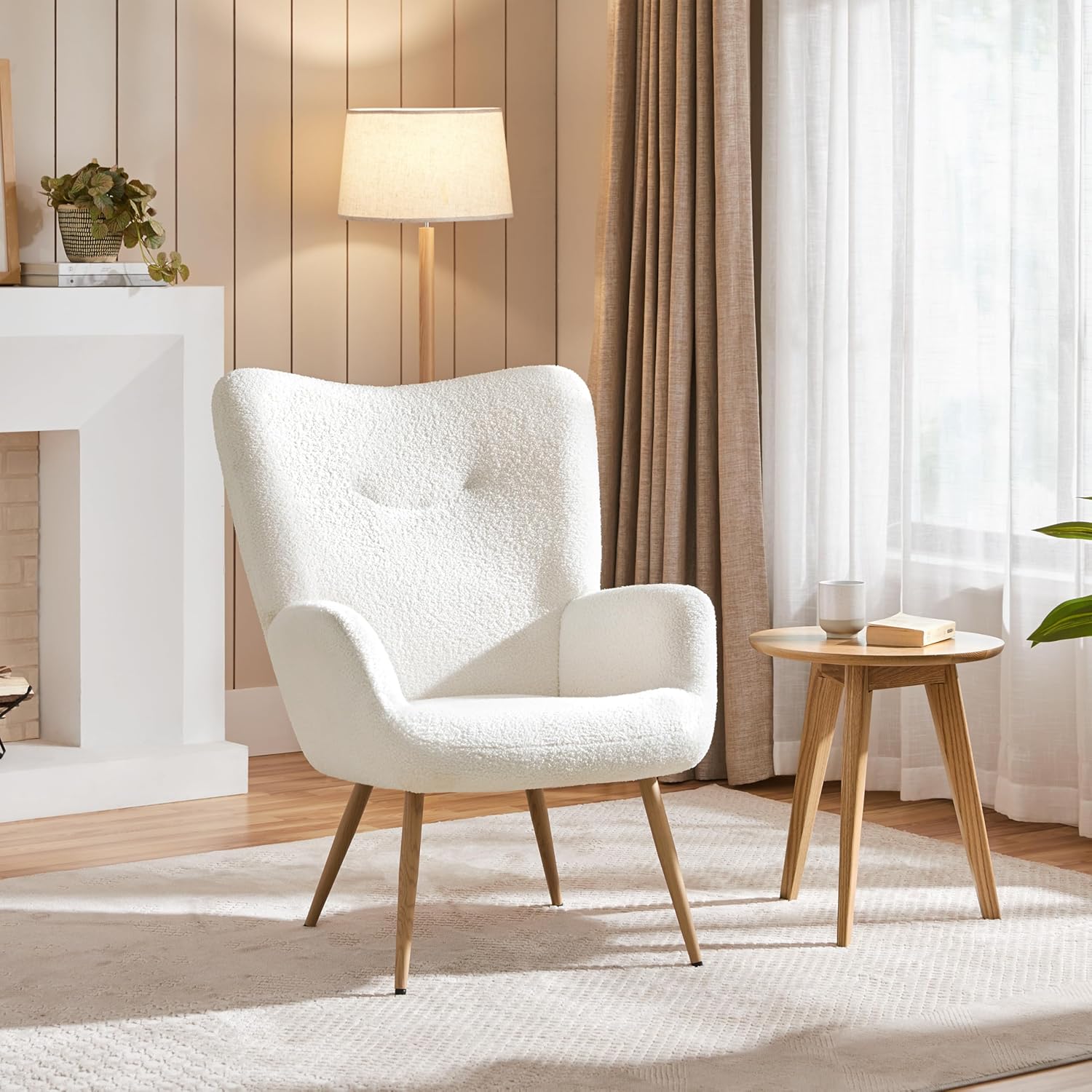 Barrel Chair, Teddy Fabric Casual Chair with High Back and Soft Padded, Modern Fuzzy Vanity Chair, Cozy Armchair for Living Room Bedroom Makeup Room, White