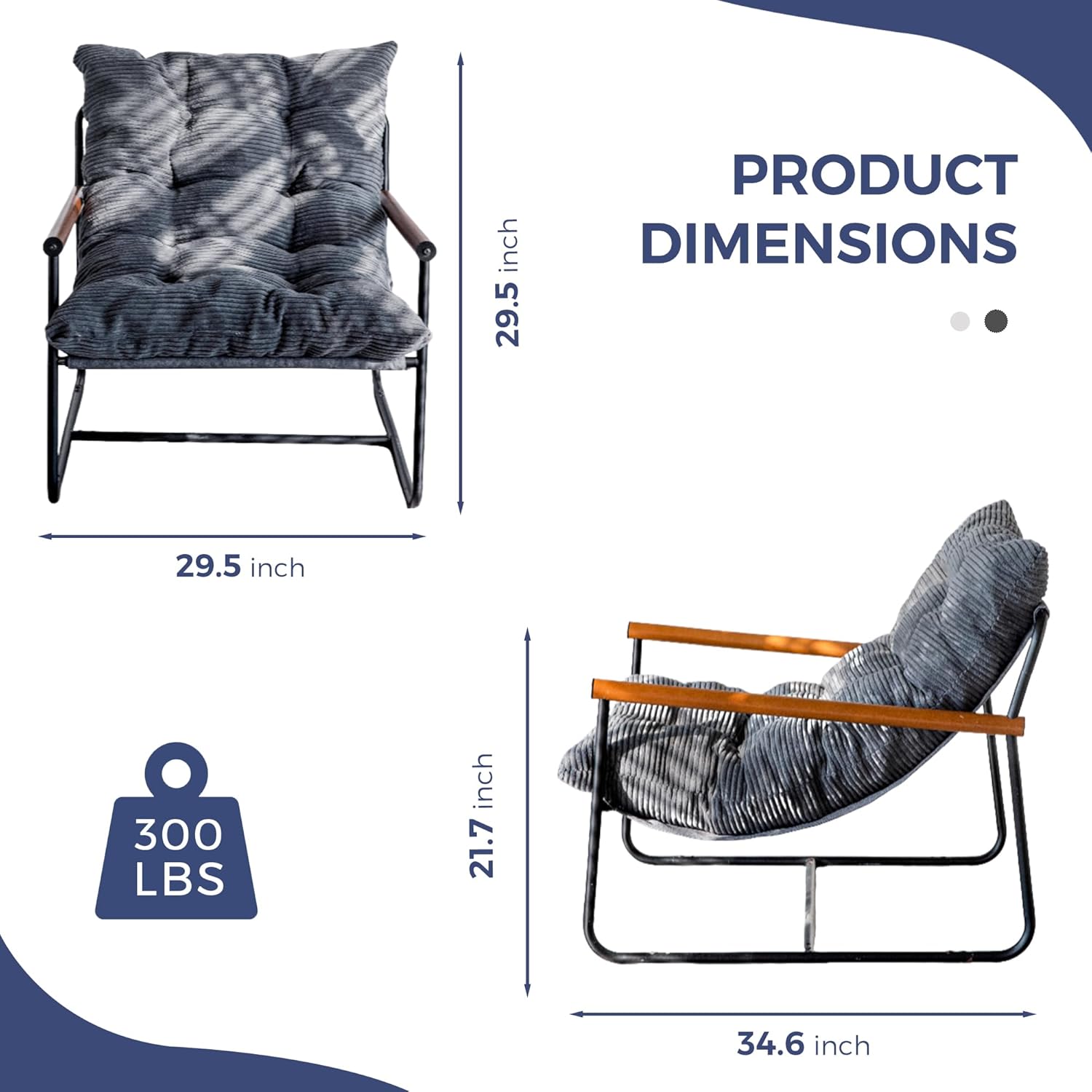 Modern Accent Chair, Comfy Living Room Chair with Metal Frame Wooden Armrest, Upholstered Armchair with Soft Cushion for Bedroom Balcony Lounge Reading Room, Dark Grey