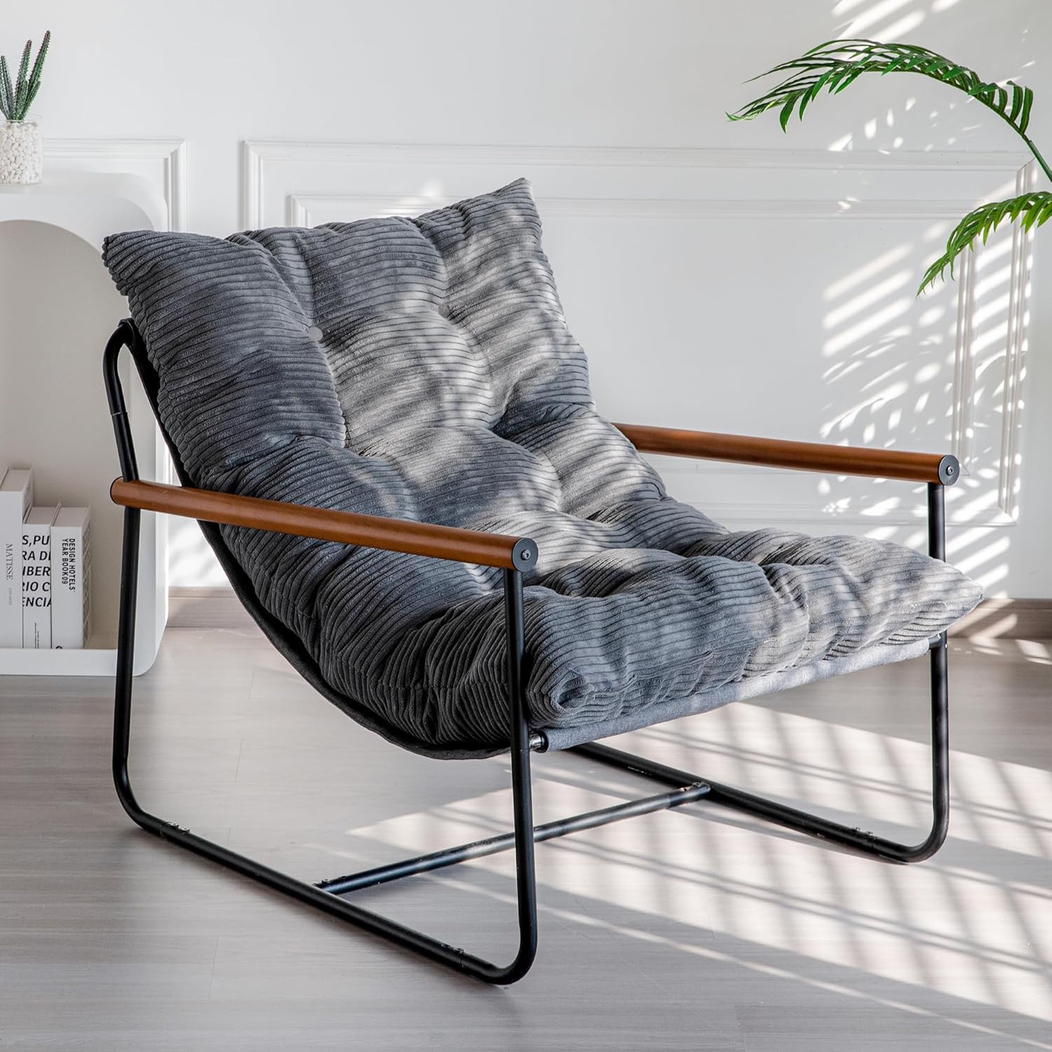 Modern Accent Chair, Comfy Living Room Chair with Metal Frame Wooden Armrest, Upholstered Armchair with Soft Cushion for Bedroom Balcony Lounge Reading Room, Dark Grey