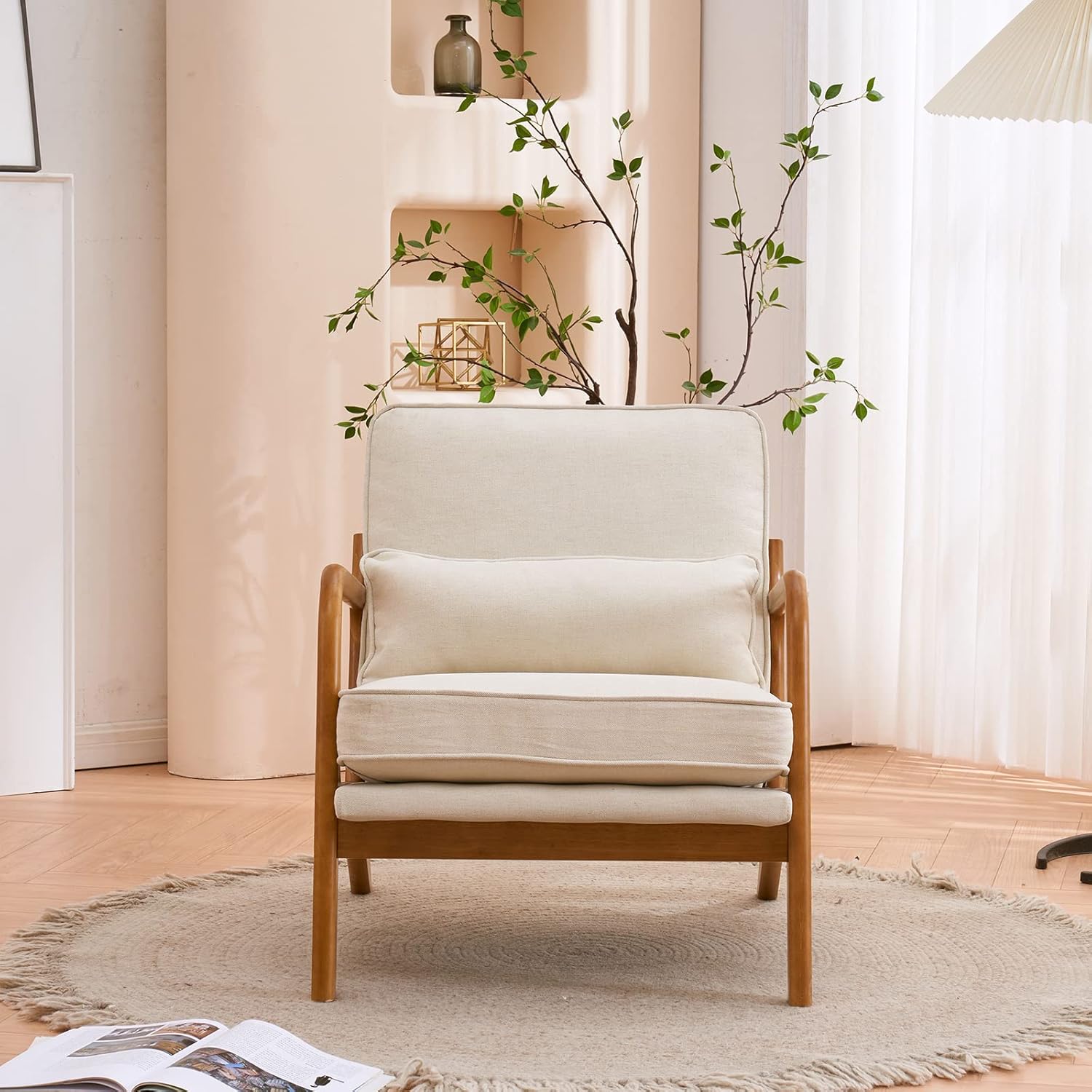 Accent Chair Mid-Century Modern Chair with Pillow Upholstered Lounge Arm Chair with Solid Wood Frame & Soft Cushion for Living Room, Bedroom, Balcony, Linen Beige (Low Back)